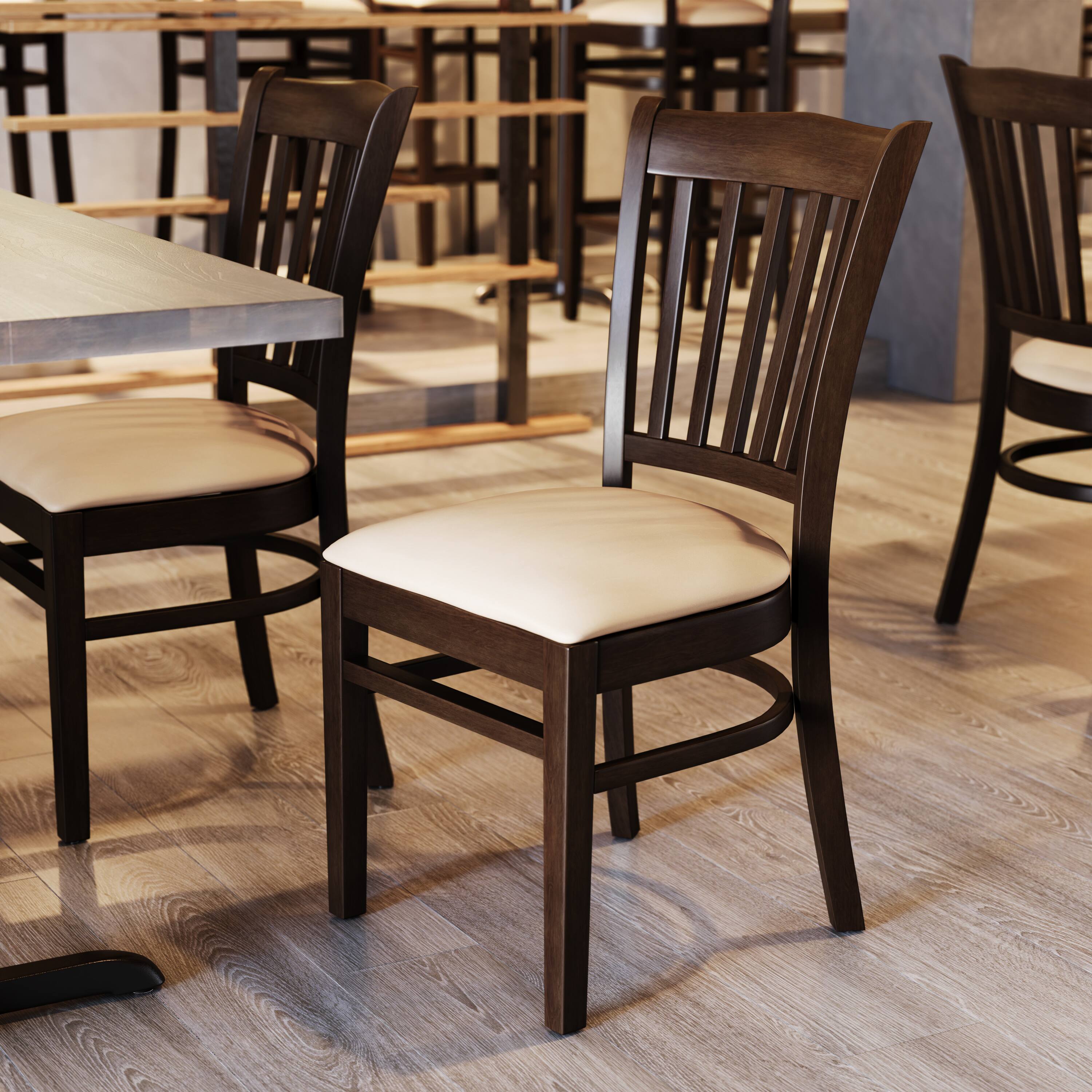 Alt View 4. Emma + Oliver - Vertical Slat Back Wooden Restaurant Dining Chair - Tan Vinyl Seat/Walnut Wood Frame.