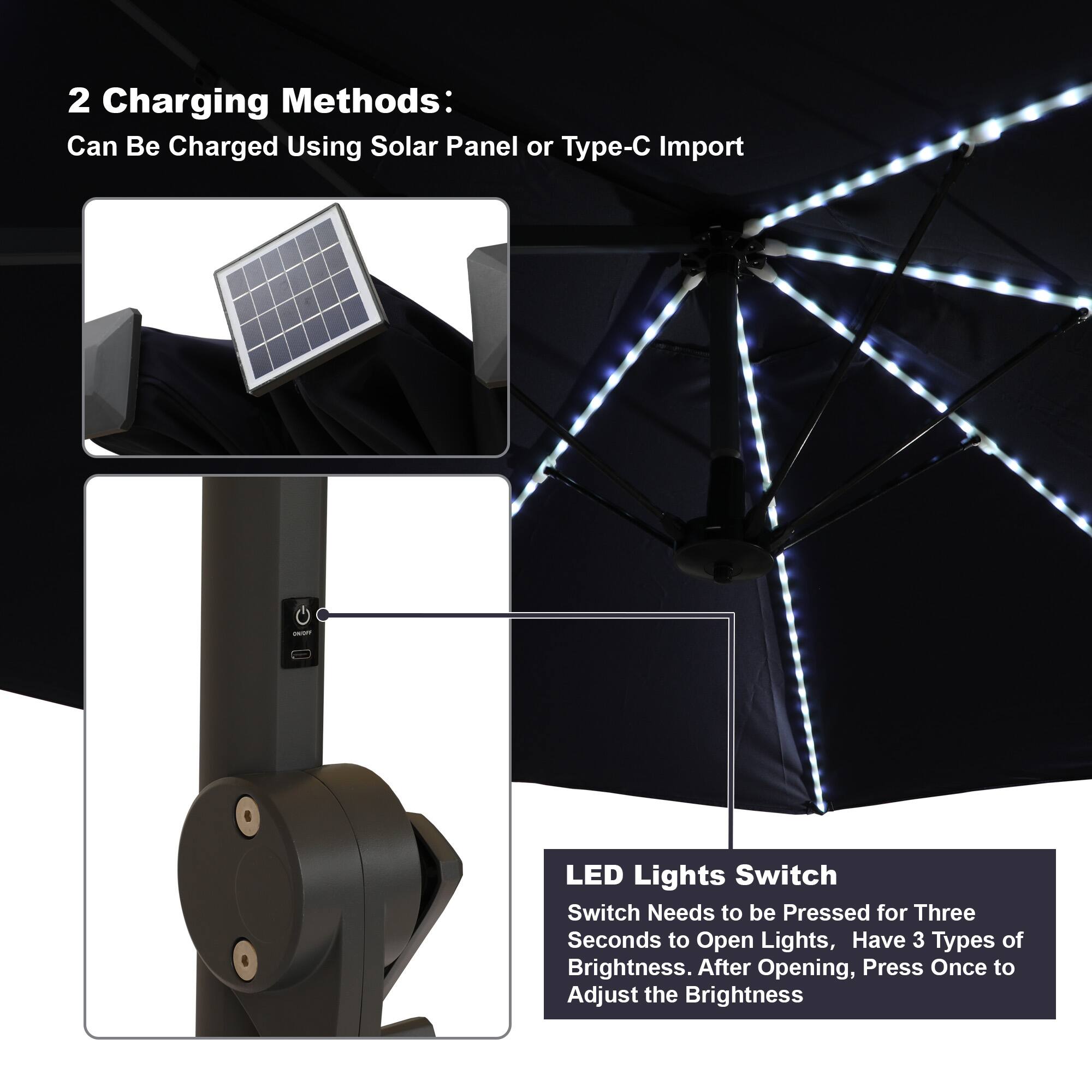2 Charging Methods: Can Be Charged Using Solar Panel or Type-C Import

LED Lights Switch
Switch Needs to be Pressed for Three Seconds to Open Lights, Have 3 Types of Brightness. After Opening, Press Once to Adjust the Brightness