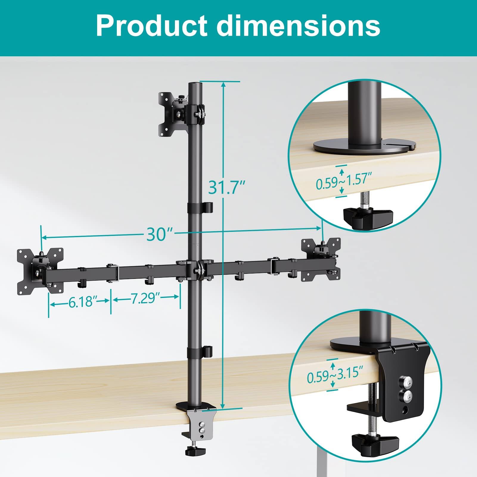 Product dimensions

- 31.7"
- 30"
- 6.18" - 7.29"
- 0.59" - 1.57"
- 0.59" - 3.15"