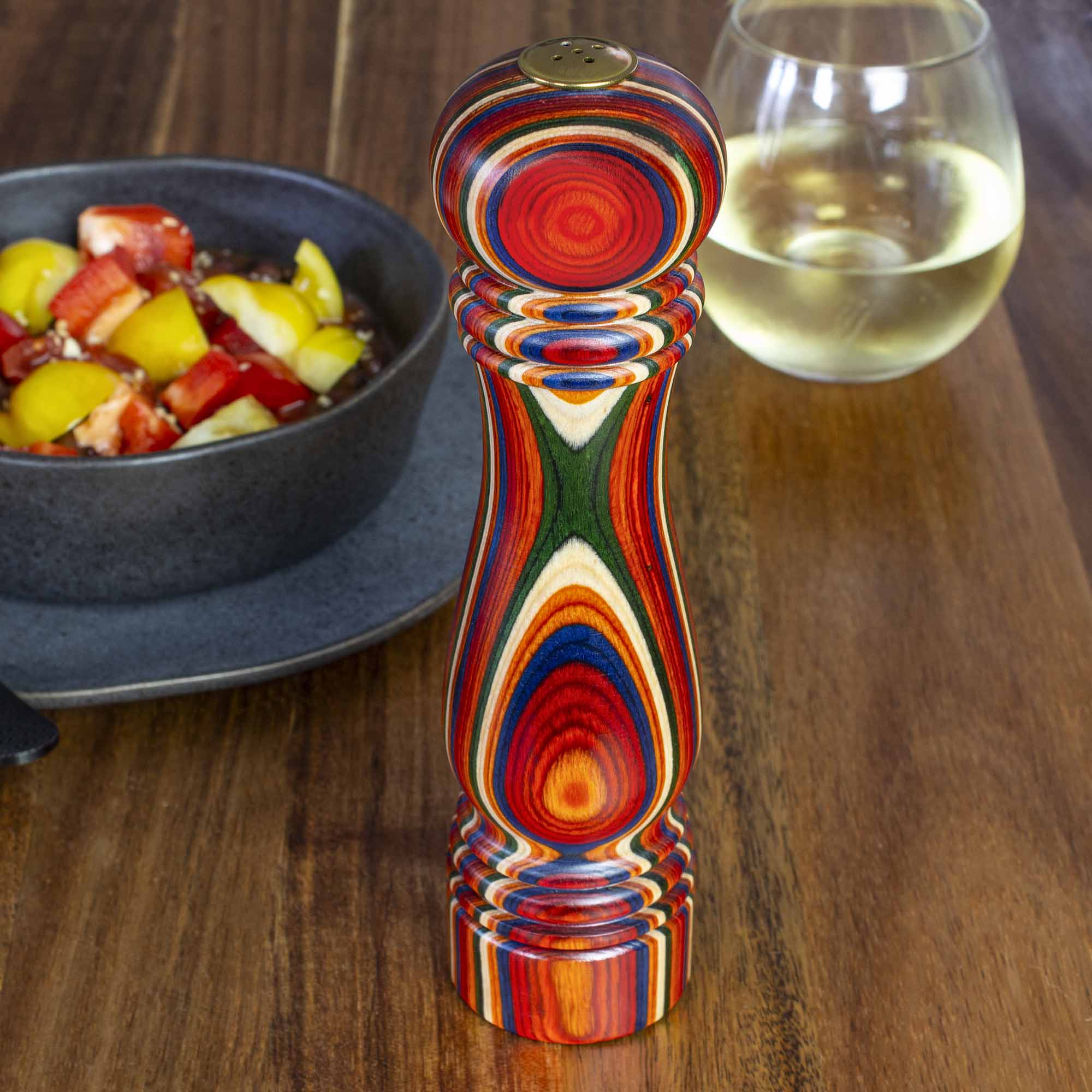 Angle. Baltique - Marrakesh Collection Refillable Salt Shaker - Red, Blue, Green, Orange.