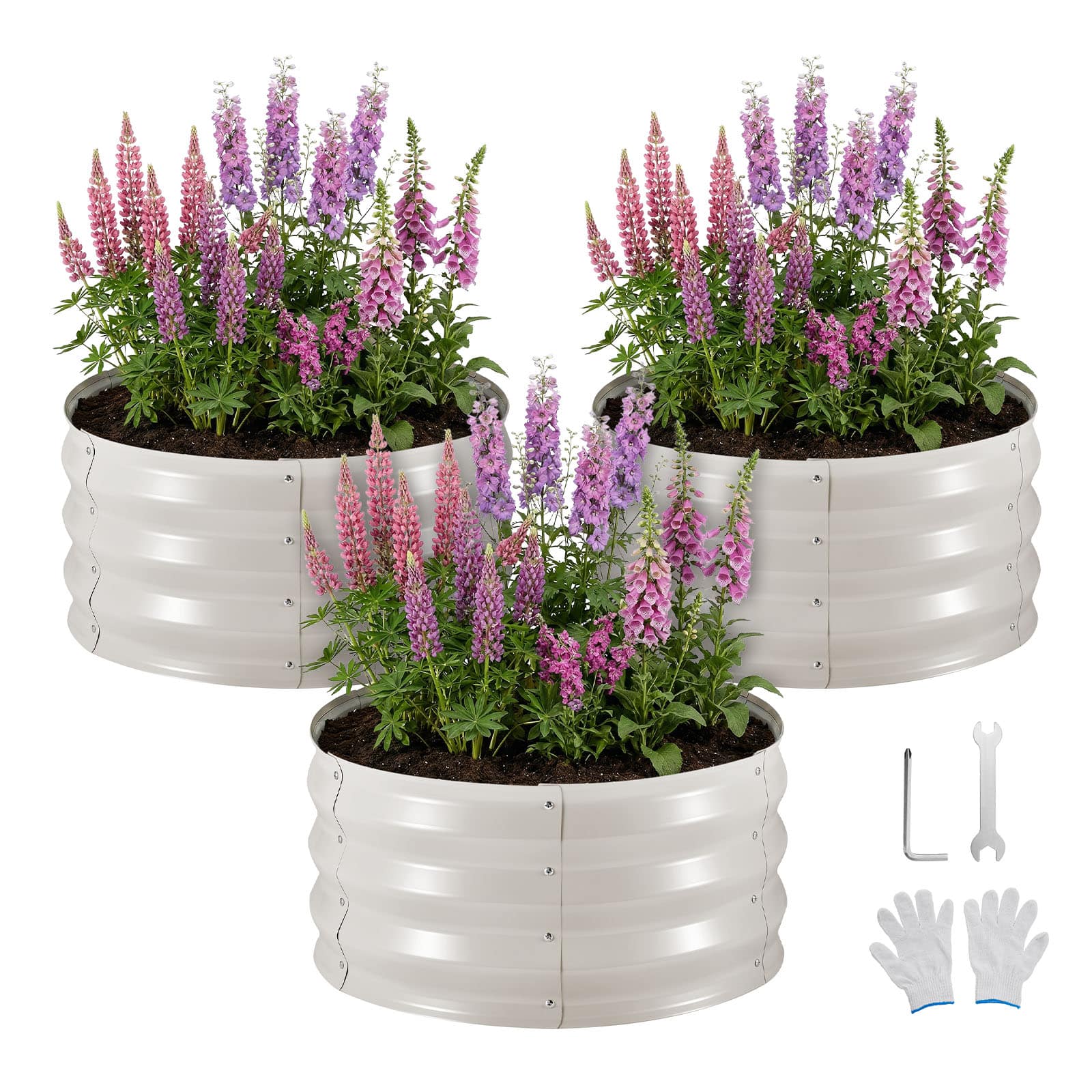 VEVOR - 3 Pcs Galvanized Raised Garden Beds, 2 x 2 x 1 ft, Round Metal Planter Boxes Kit Outdoor - Beige