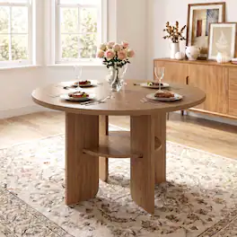 Bestier - Modern Dining Table with Built-in Storage, Metal-Wrapped Wood Legs, Stable Triangular Base - Brown Oak