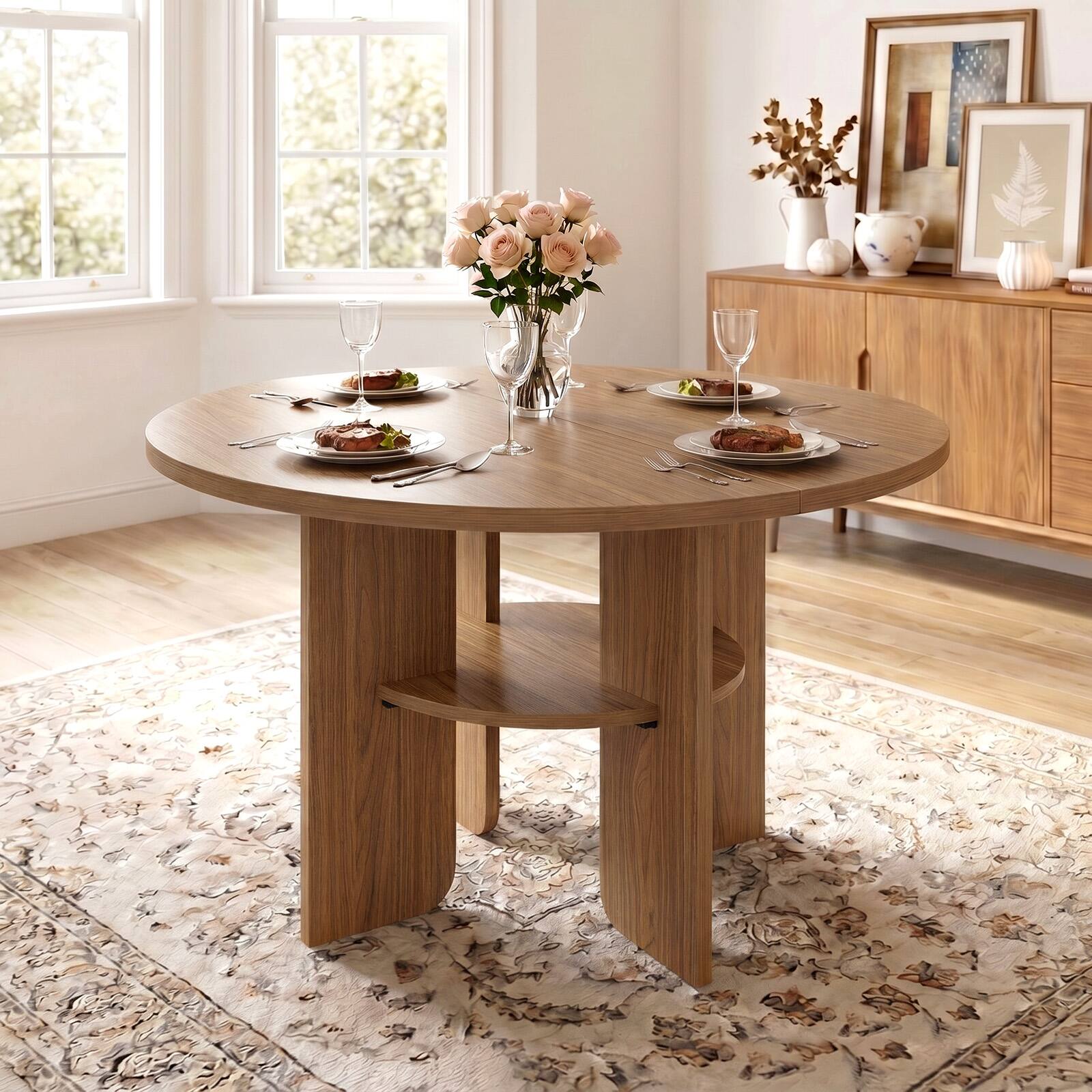 Alt View 3. Bestier - Modern Dining Table with Built-in Storage, Metal-Wrapped Wood Legs, Stable Triangular Base - Brown Oak.