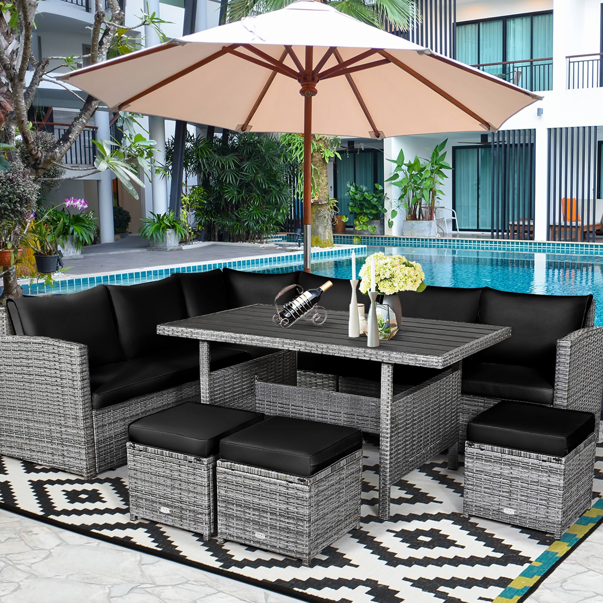 Alt View 1. Costway - 7 PCS Patio Rattan Dining Set Sectional Sofa Couch Ottoman Garden - Black.