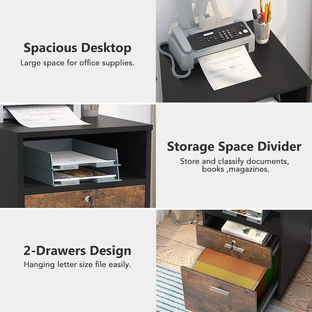 Spacious Desktop  
Large space for office supplies.

Storage Space Divider  
Store and classify documents, books, magazines.

2-Drawers Design  
Hanging letter size file easily.