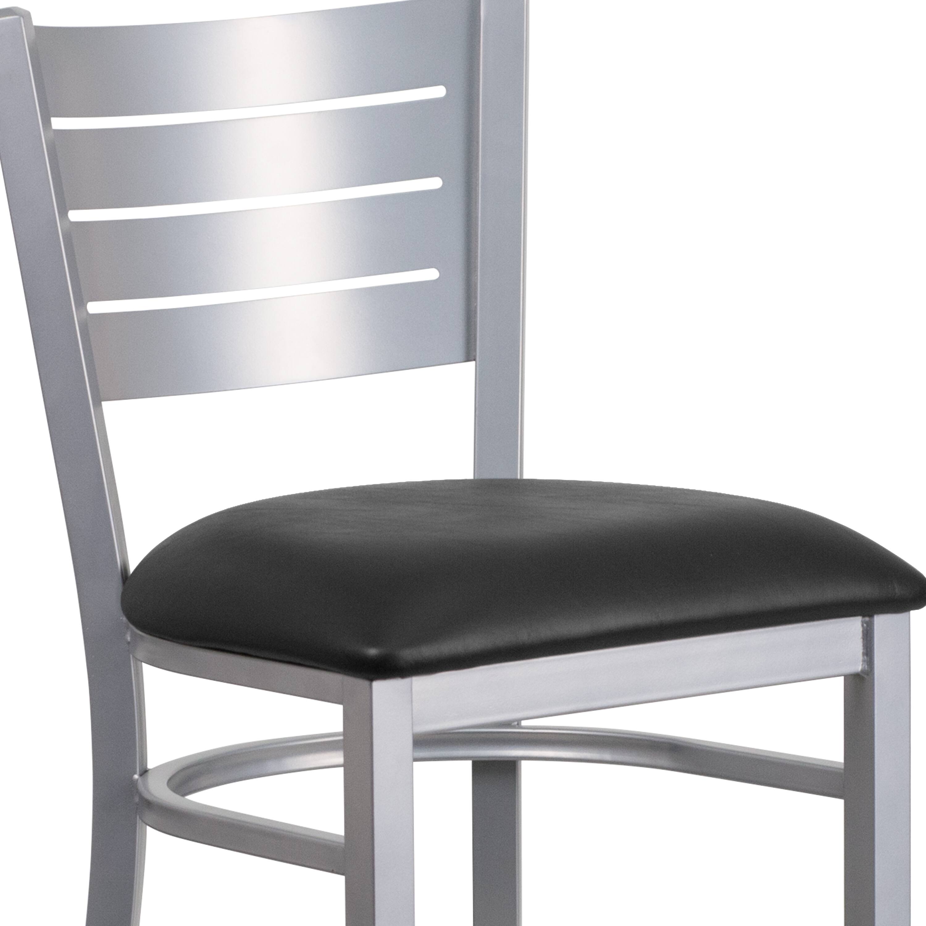 Alt View 9. Emma + Oliver - Silver Slat Back Metal Restaurant Dining Barstool - Black Vinyl Seat/Silver Frame.