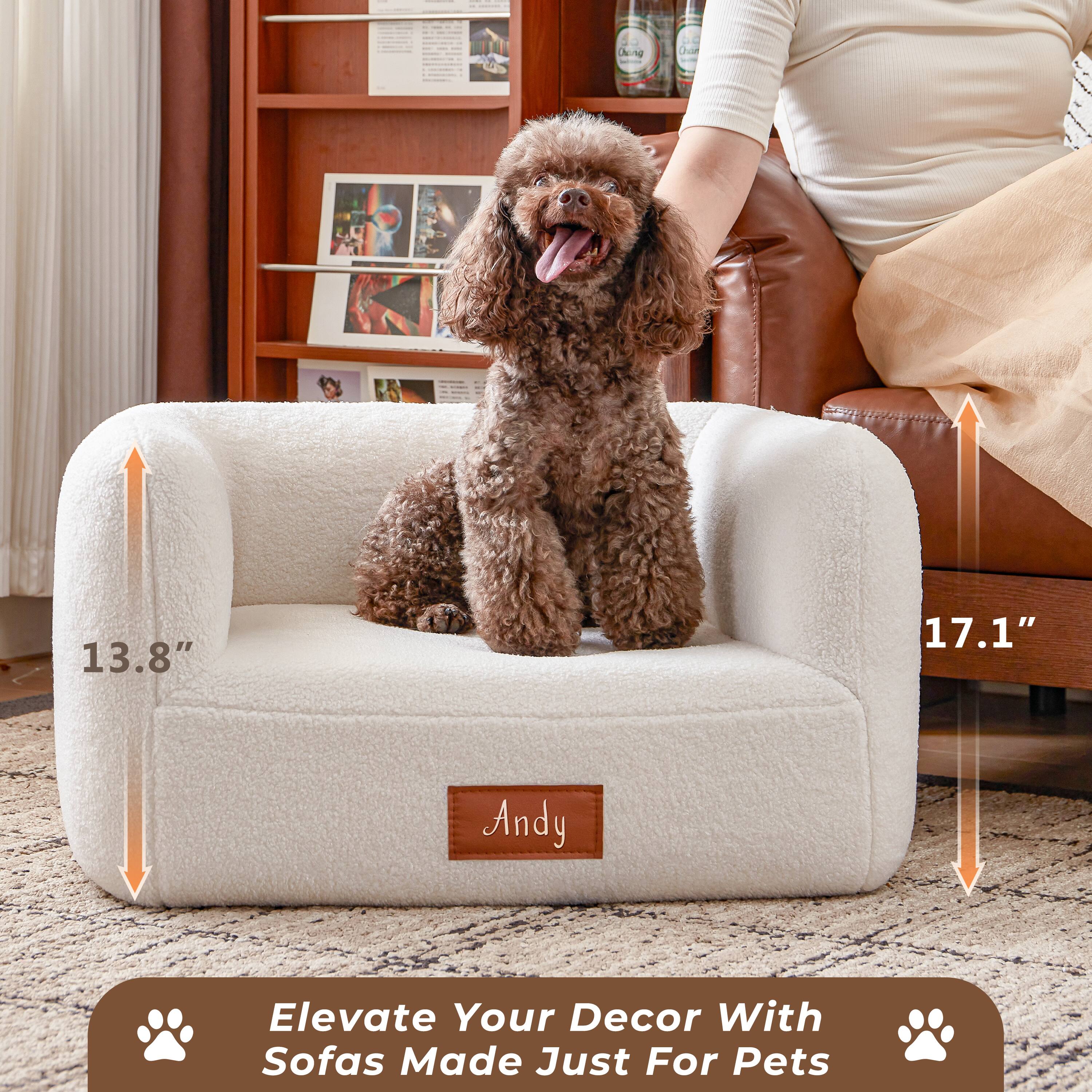 Alt View 7. MSOOB - 25.6 Inch Faux Shearling Dog Bed Pet Sofa With Leather Nameplate, White Modern Elegant Dog Couch Furniture - White.