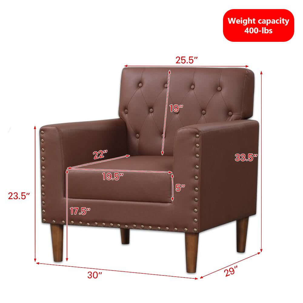 Weight capacity: 400-lbs

Dimensions:
- Width: 33.5"
- Depth: 25.5"
- Height: 23.5"
- Seat Height: 19"
- Seat Depth: 19.5"
- Arm Height: 22"
- Arm Width: 5"
- Back Height: 29"
- Overall Height: 30"