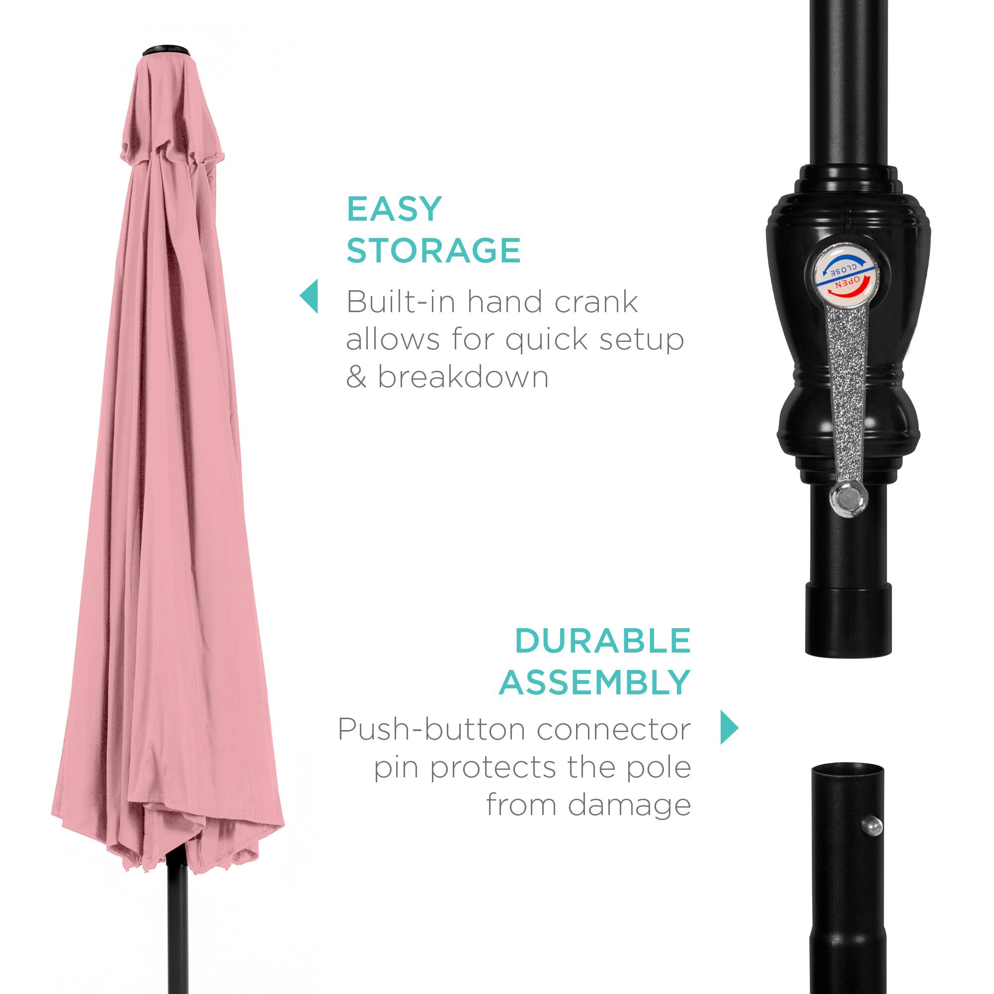 EASY STORAGE: Built-in hand crank allows for quick setup & breakdown.

DURABLE ASSEMBLY: Push-button connector pin protects the pole from damage.