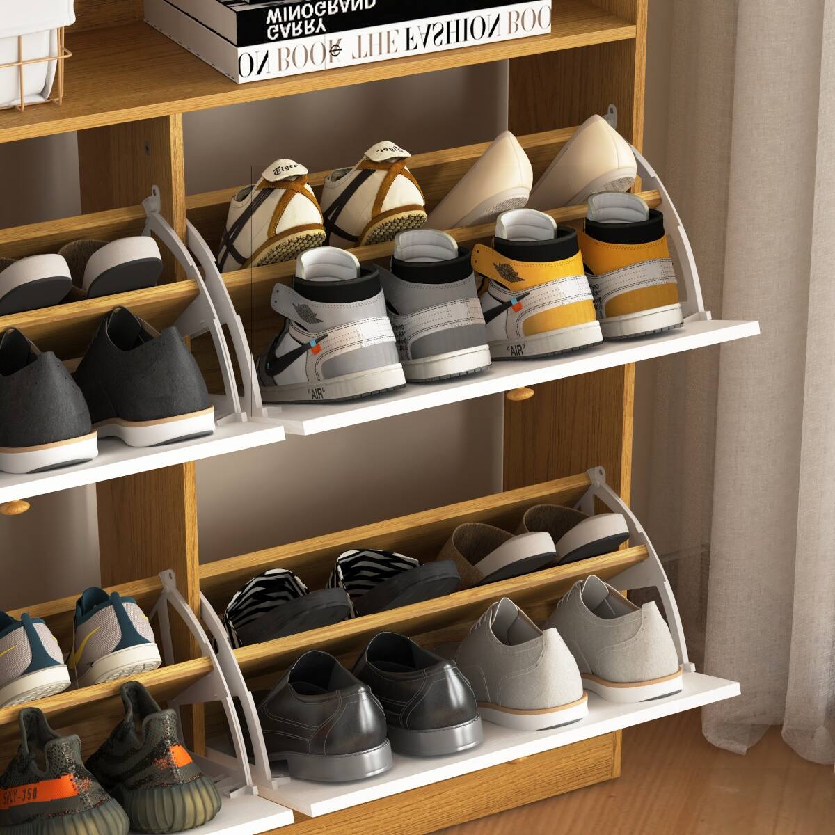 Sure, here is the corrected and grouped text from the image:

**Top Shelf:**
- "MINIOBVUD СУВВА"
- "BOOZ ЛИНЕЙКА"

**Shoes:**
- "AIR"
- "SLF-350"

**Bottom Shelf:**
- "SLF-350"