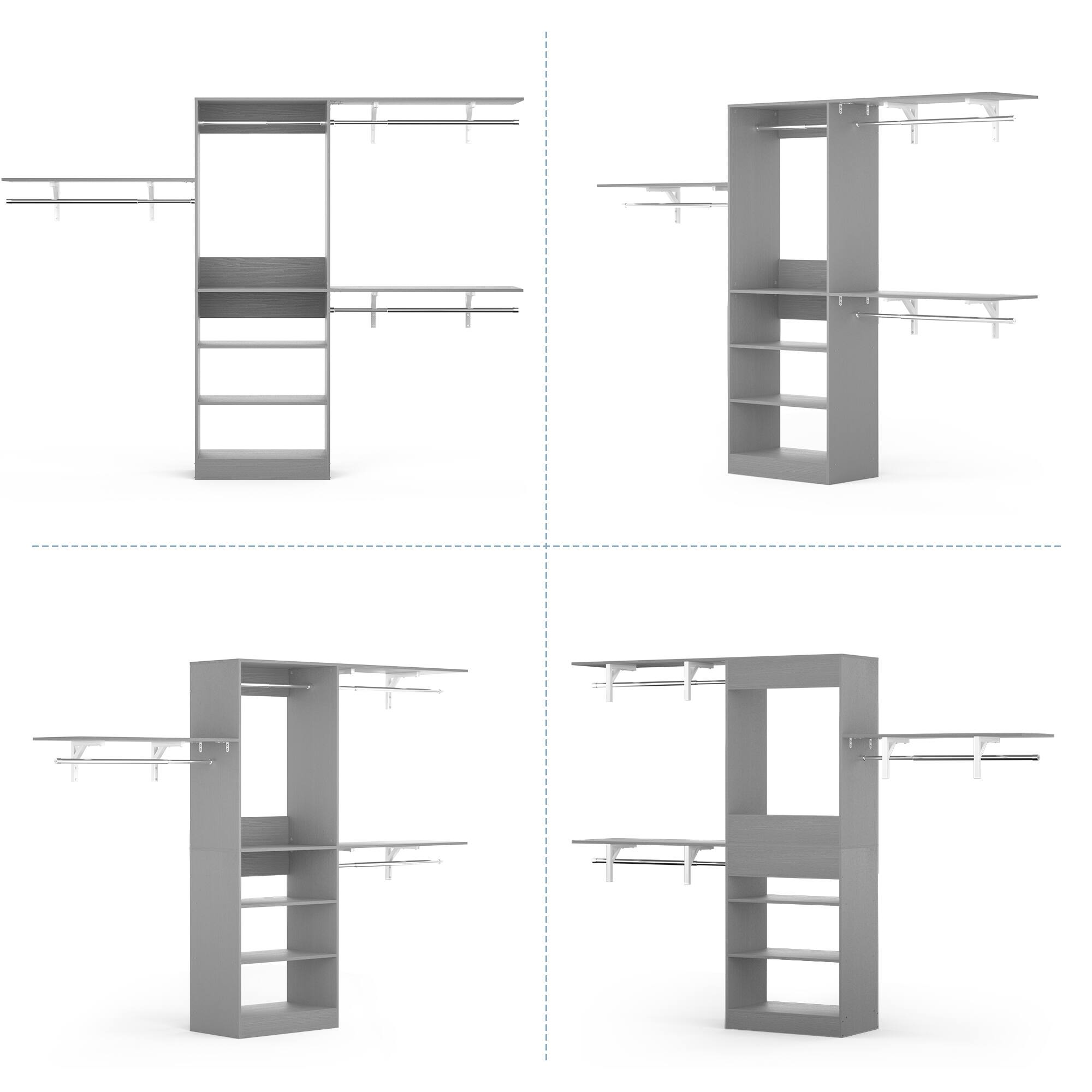 Back. Aheaplus - 8FT Wall Mounted Closet System, 96'' Closet Organizer with 3 Shelving Towers, 3 Hanging Rods and Shelves, Cut to Fit - Gray.