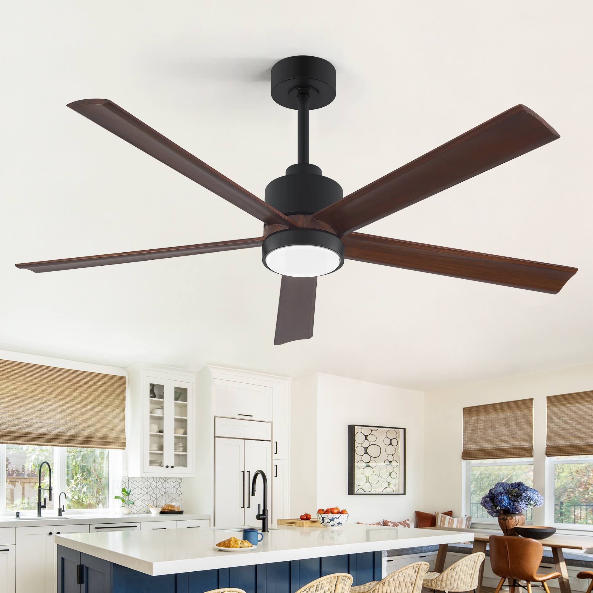 Alt View 9. Breezary - 52" Smart LED Ceiling Fan with Light, Remote & APP Control, 6-Speed, 1/4/8H Timer, 5 Wood Blades, DC Motor - Matte Black.