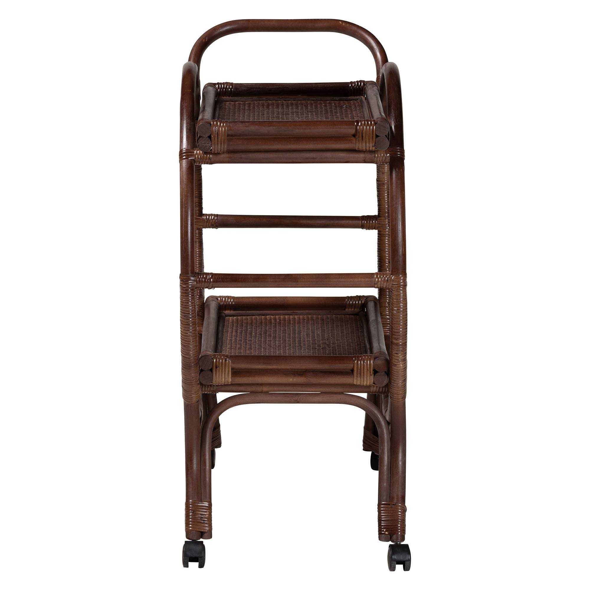 Left. bali & pari - Selah Natural Rattan Kitchen Cart - Handwoven Wicker 2-Tier Mobile Serving Cart with Tray Top - Coffee Bean.