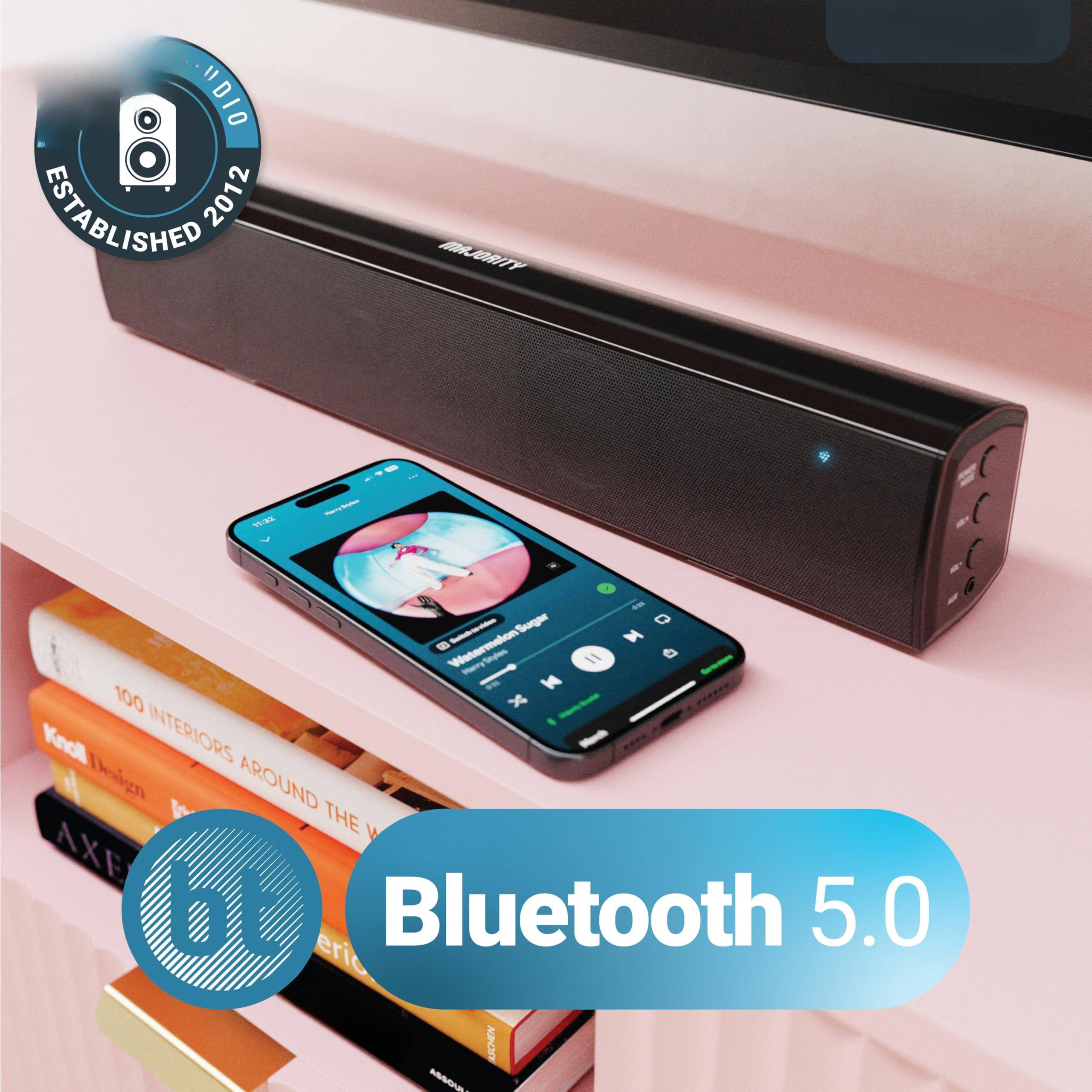 Sure, here is the corrected and grouped text from the image:

- **ESTABLISHED 2012**
- **MAJORITY**
- **100 INTERIORS AROUND THE WORLD**
- **Bluetooth 5.0**