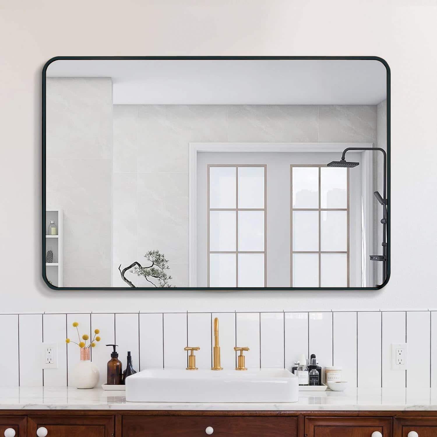 BreeBe - 30x40 Inch Metal Framed Rectangular Bathrrom Mirror for Wall - Black