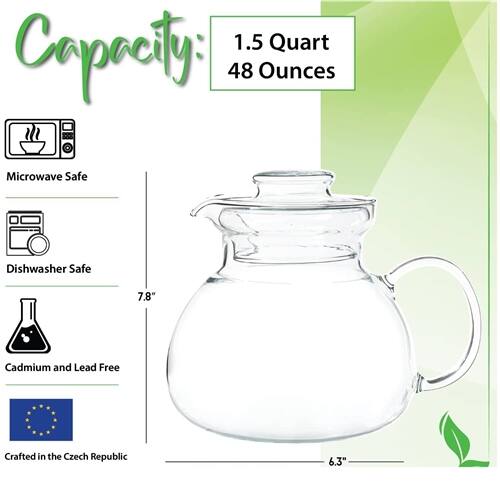 1.5 Quart Capacity 48 Ounces Microwave Safe Dishwasher Safe 7.8" Cadmium and Lead Free Crafted in the Czech Republic 6.3"