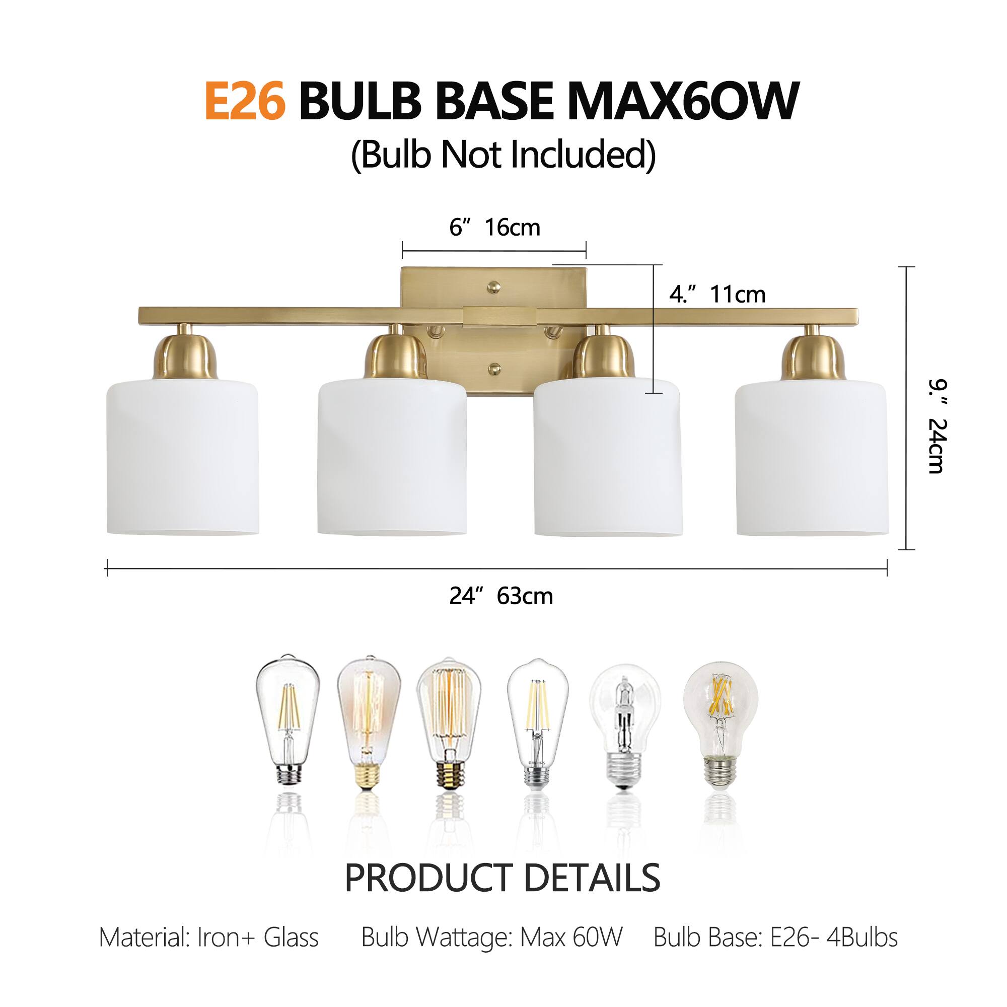 E26 BULB BASE MAX60W  
(Bulb Not Included)

6" 16cm  
4" 11cm  
9" 24cm  
24" 63cm

PRODUCT DETAILS  
Material: Iron + Glass  
Bulb Wattage: Max 60W  
Bulb Base: E26 - 4Bulbs