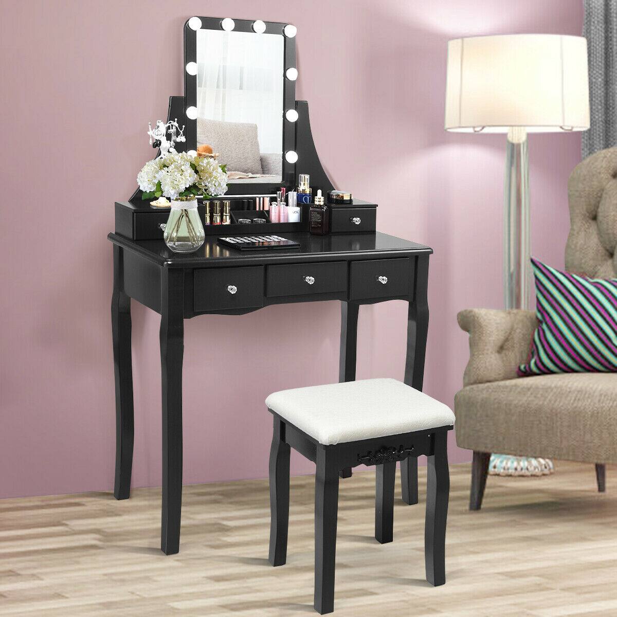 Alt View 8. Ecooso - Makeup Vanity Desk with 10 Dimmable Bulbs, Divider Organizer and Cozy Stool for Dressing Room - Black.