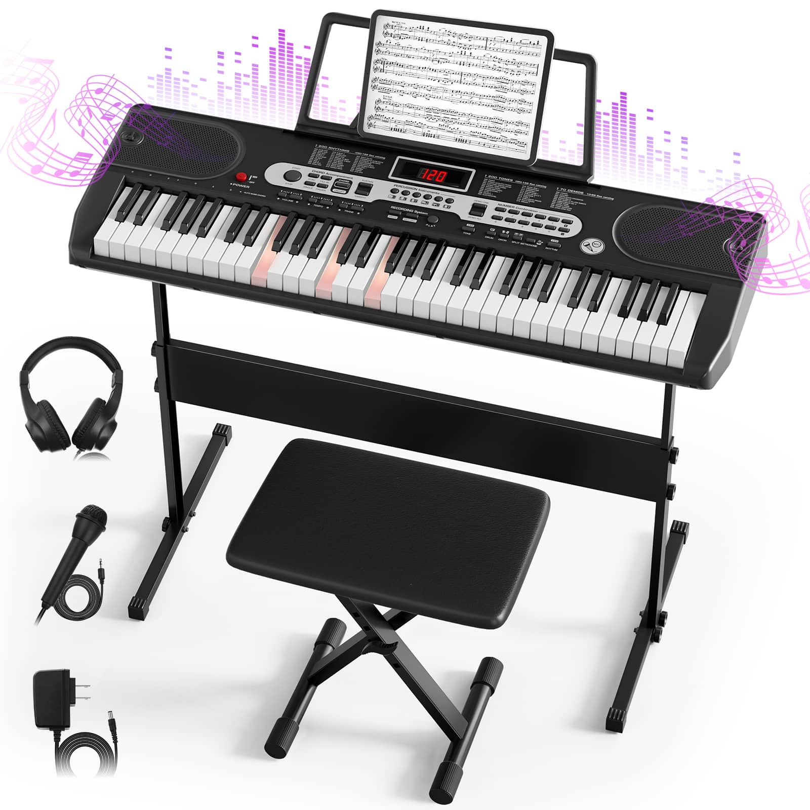 Sugift - 61-Key Electric Keyboard Piano Set with Adjustable Stand & Stool - Black
