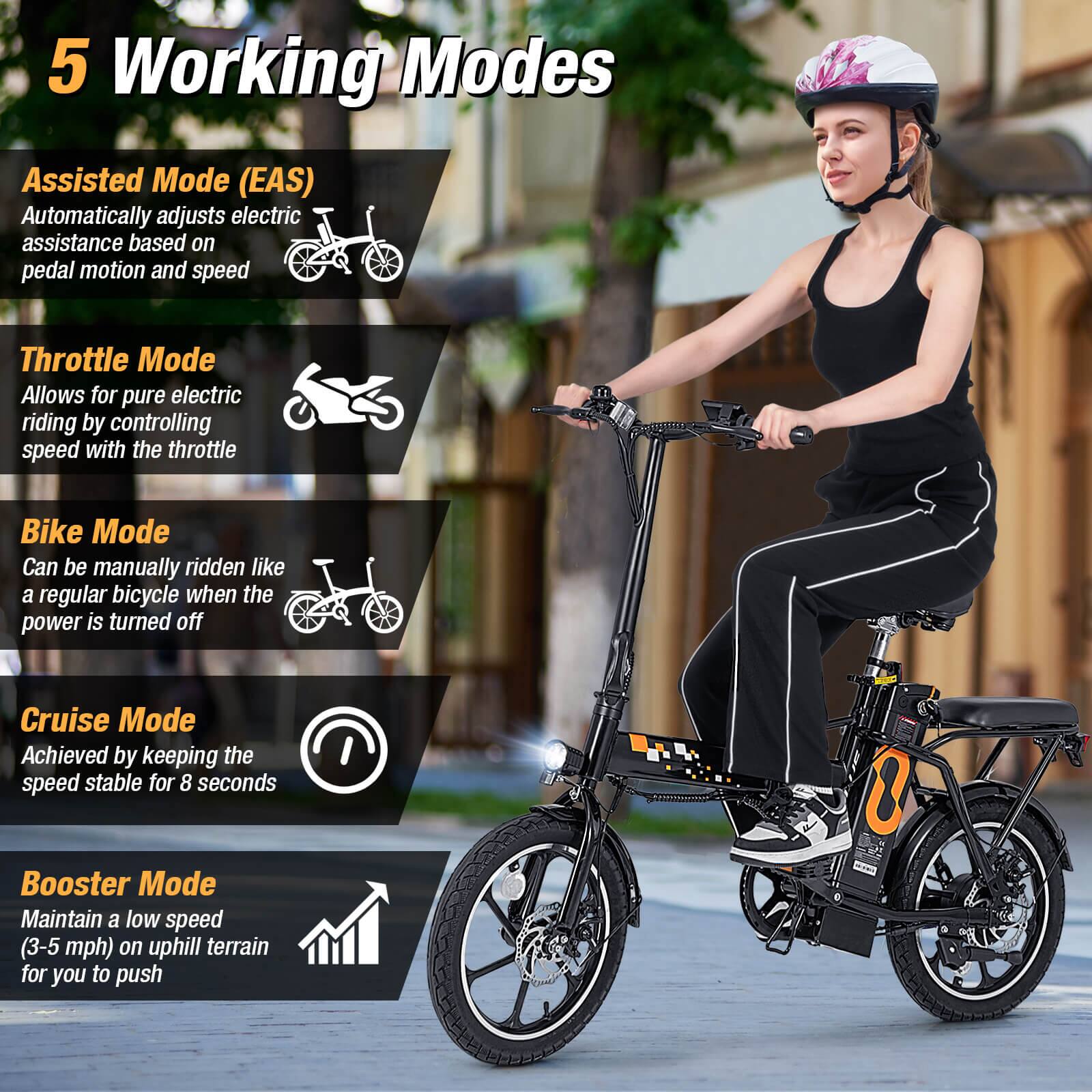 5 Working Modes:

1. Assisted Mode (EAS): Automatically adjusts electric assistance based on pedal motion and speed.
2. Throttle Mode: Allows for pure electric riding by controlling speed with the throttle.
3. Bike Mode: Can be manually ridden like a regular bicycle when the power is turned off.
4. Cruise Mode: Achieved by keeping the speed stable for 8 seconds.
5. Booster Mode: Maintain a low speed (3-5 mph) on uphill terrain for you to push.