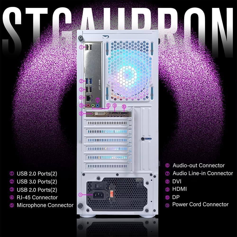 STGAUDRON

1. USB 2.0 Ports(2)
2. USB 3.0 Ports(2)
3. USB 2.0 Ports(2)
4. RJ-45 Connector
5. Microphone Connector
6. Audio-out Connector
7. Audio Line-in Connector
8. DVI
9. HDMI
10. DP
11. Power Cord Connector