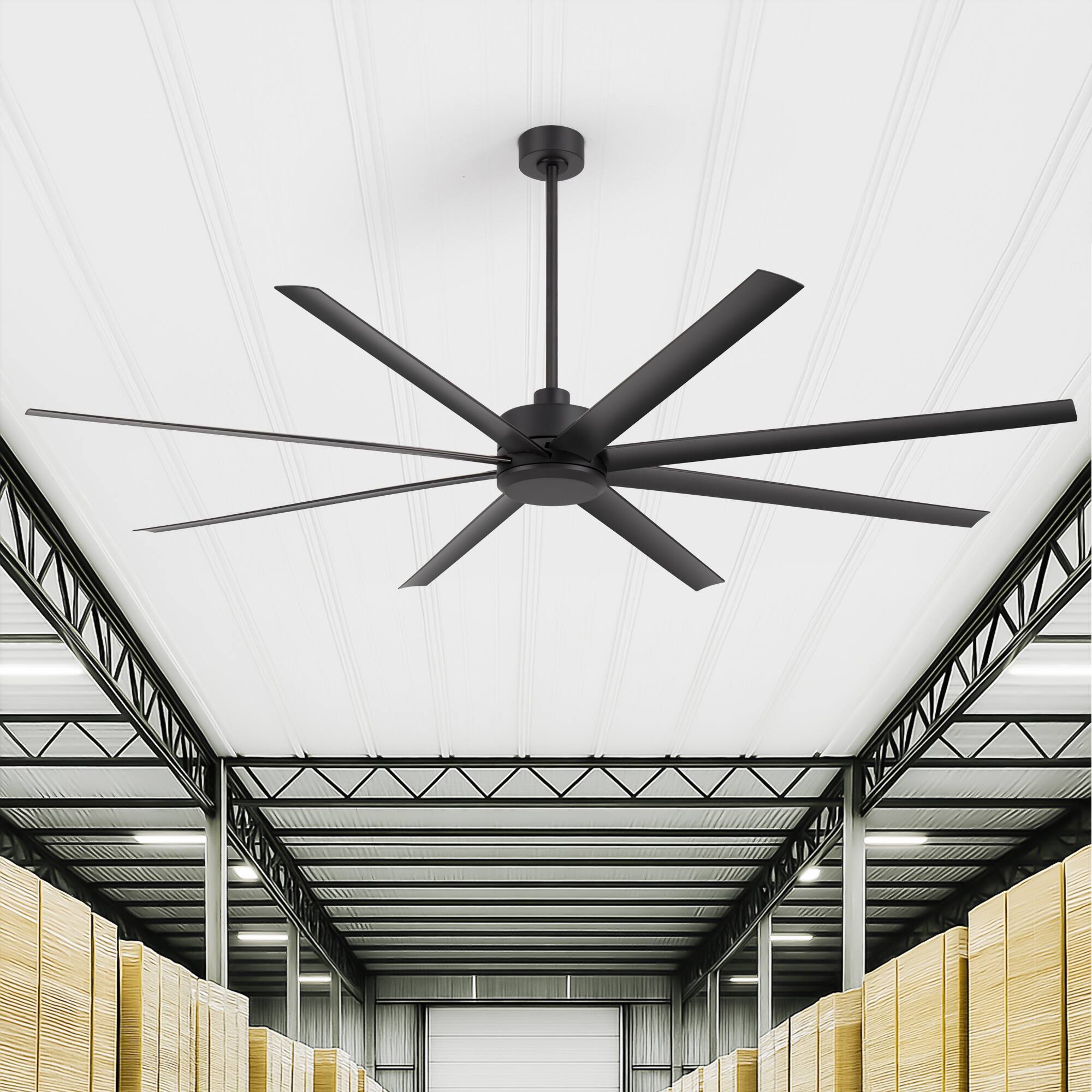 Alt View 2. Breezary - 84-in Large Ceiling Fan with 8 ABS Blades, 6-Speed DC Motor, Remote Control, 3 Downrods with Timer, Optional Light Kit - Matte Black (Without Light).