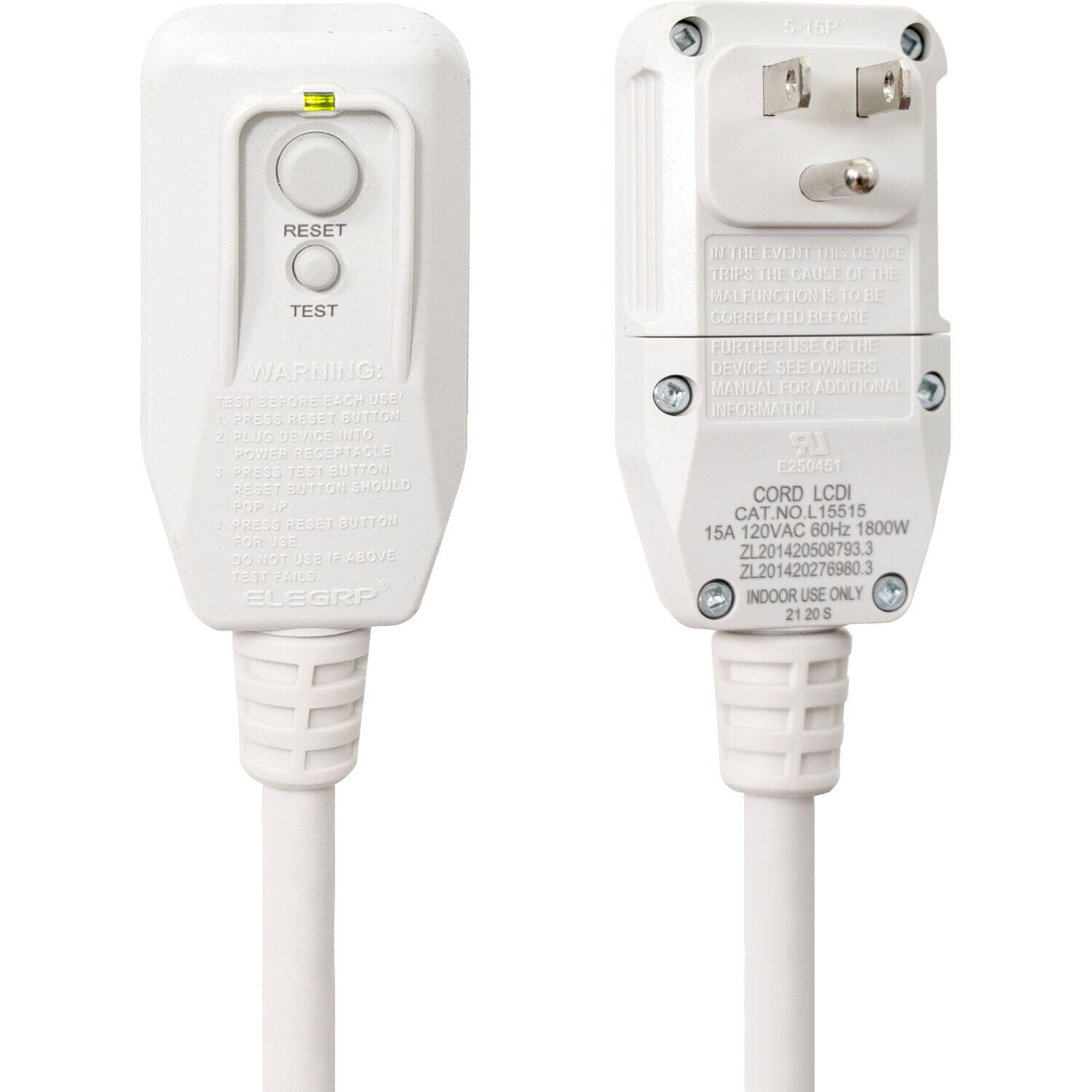 The text on the image reads:

"5-15P RESET TEST III THE EVENT THIS DEVICE TRIPS THE CAUSE OF THE MAL FUNCTION IS TO BE CORRECTED BEFORE WARNING: TEST BEFORE EACH USE 1 PRESS RESET BUTTON 2 PULL DEVICE 15A 120VAC 60Hz 1800W ZL201420508793.3 ZL201420276980.3 INDOOR USE ONLY 21 20 S ABOVE 1E1 FAILURE OF THE DEVICE TO OPERATE PROPERLY SEE OWNERS MANUAL FOR ADDITIONAL INFORMATION LR E250451 CORD LCDI CAT. NO. L15515 15A 120VAC 60Hz 1800W"