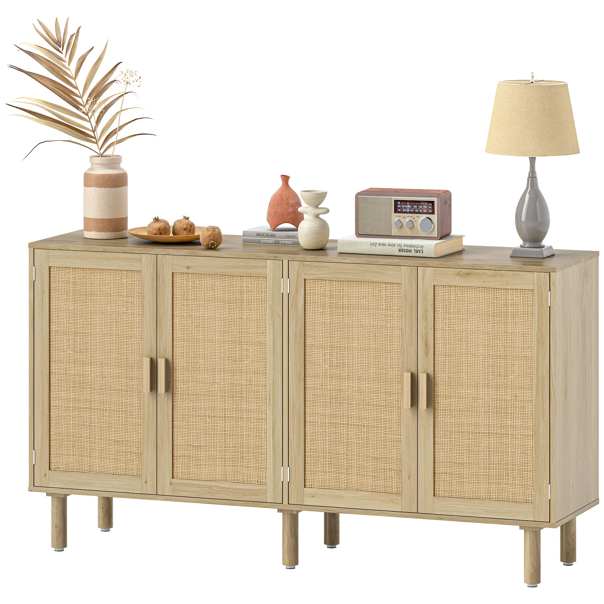 Homcom - Sideboard, 62.2" Buffet Cabinet with 4 Rattan Doors and Shelves for Living Room - Natural Wood