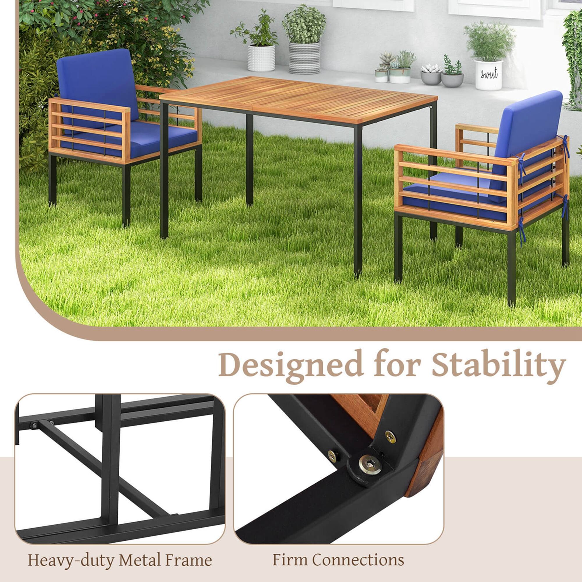 The image features a wooden dining table surrounded by four wooden chairs. The table and chairs are designed for stability, with a heavy-duty metal frame providing firm connections. The table is set outdoors, with a grassy area visible in the background. The chairs are arranged around the table, creating a comfortable and inviting outdoor dining space.