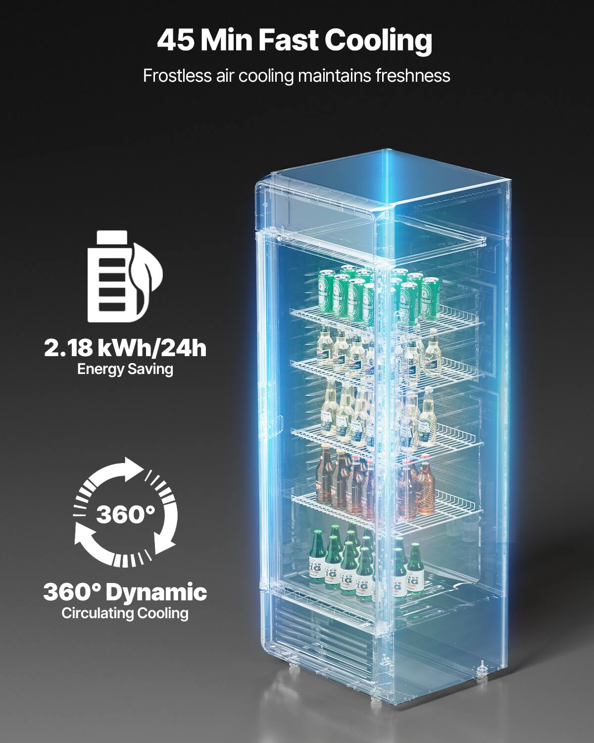 45 Min Fast Cooling Frostless air cooling maintains freshness

2.18 kWh/24h Energy Saving

360° Dynamic Circulating Cooling