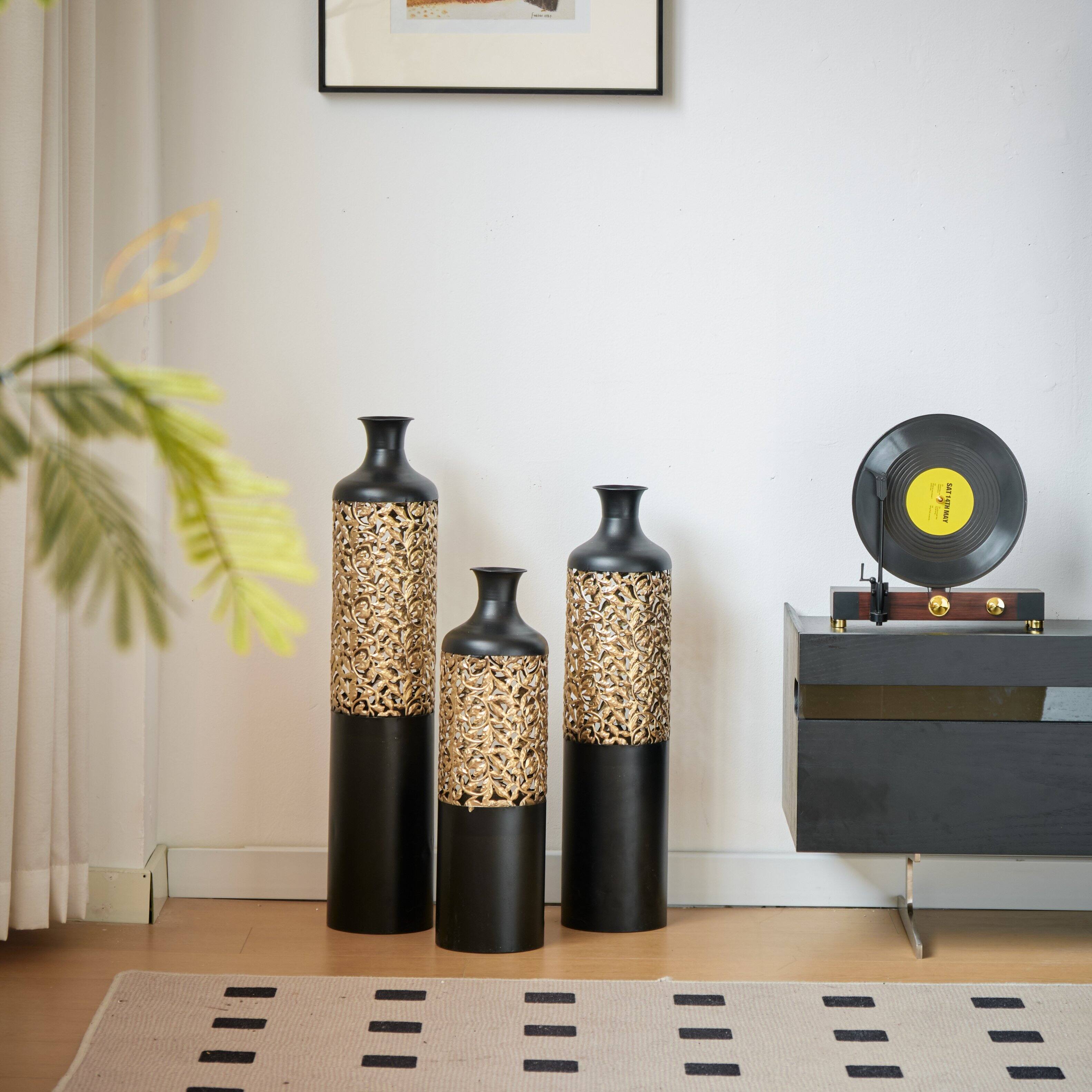 Front. Anysun - White Metal Floor Vases Set of 3 - Glazed Finish, 20.8in/24.8in/28.7in Height for Home Decor - Black.