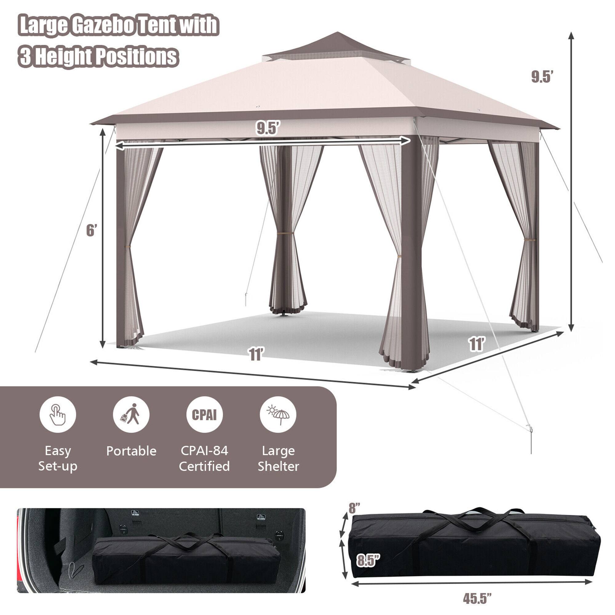 Large Gazebo Tent with 3 Height Positions

9.5' x 9.5' x 11' x 11'

CPAI-84 Certified Large Shelter

Easy Set-up Portable

8" x 8.5" x 45.5"