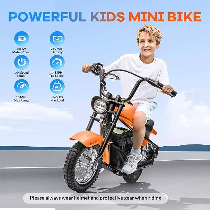 POWERFUL KIDS MINI BIKE

- 300W Motor Power
- 24V 9AH Battery
- L/H Speed Mode
- 14 MPH Top Speed
- 10 Miles Max Range
- 140LBS Max Load

Please always wear helmet and protective gear when riding
