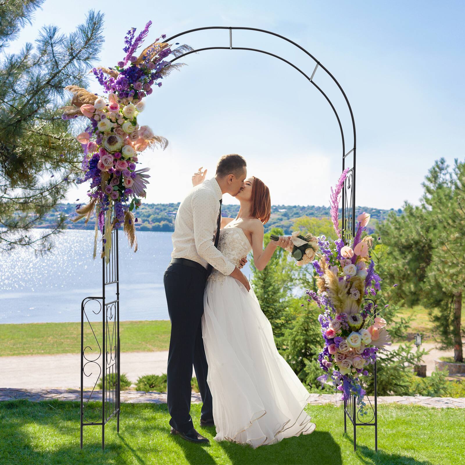 Angle. SlickBlue - Metal Garden Arch Backdrop Stand with Fence for Climbing Plants - Black.