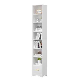 Vecelo - Adjustable 8-Tier Bookshelf with Drawer - Modern Storage Shelf for Living Room, Bedroom & Office - White