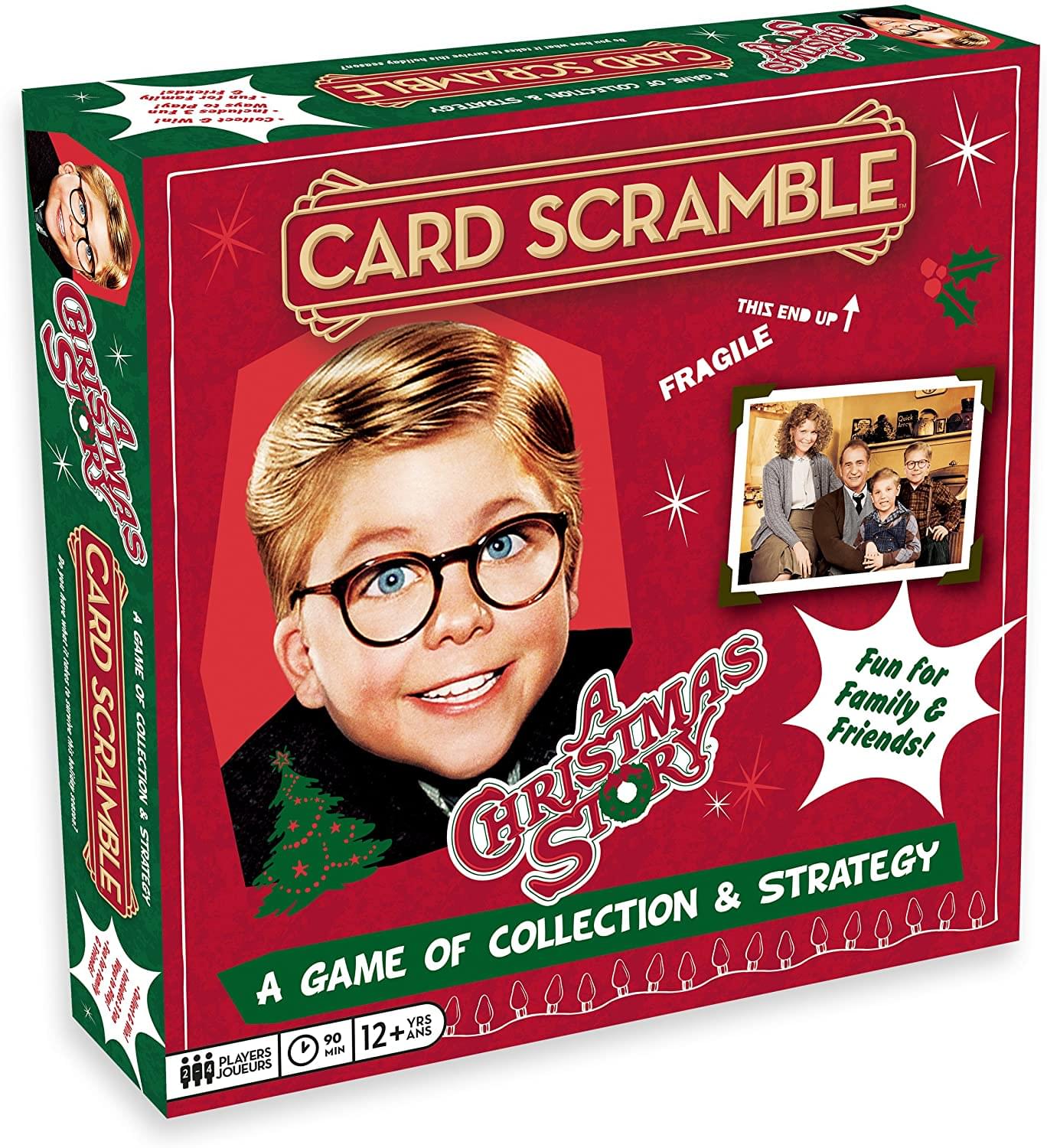 CARD SCRAMBLE  
A CHRISTMAS STORY  
A GAME OF COLLECTION & STRATEGY  

THIS END UP  
FRAGILE  

Fun for Family & Friends!  

A GAME OF SCRAMBLE COLLECTION & STRATEGY  
FUN FOR A FAMILY  
STRATEGY OF COLLECTION A GAME  
90 MIN PLAYERS 2-4  
12+ ANS  

SCRAMBLE ASES C - - CAND 1 1 S  
aada friendel .- N H ProVt - -EA A3riS d. - rpapu IM - Pattect CARD SCRAMBLE ZIHT END UP  
FRAGILE A CARD A GAME OF SCRAMBLE COLLECTION i STRATEGY LAe t 1 Fun for A Family E CRISTMAS Friends! RY & STRATEGY OF COLLECTION A GAME YRS 90 12 + ANS L MIN PLAYERS JOUEURS
