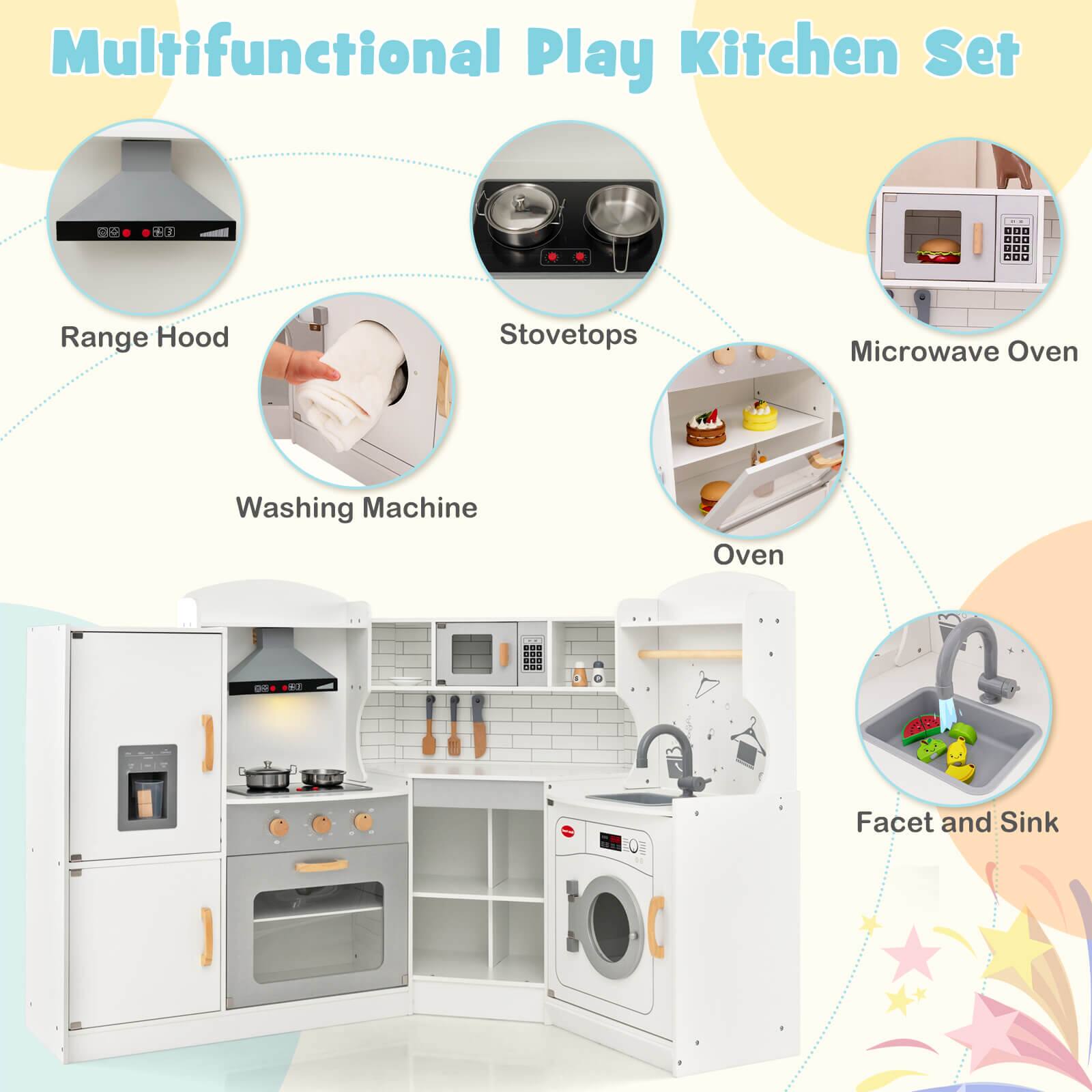 Multifunctional Play Kitchen Set, Range Hood, Stovetops, Microwave Oven, Washing Machine, Oven, Facet and Sink