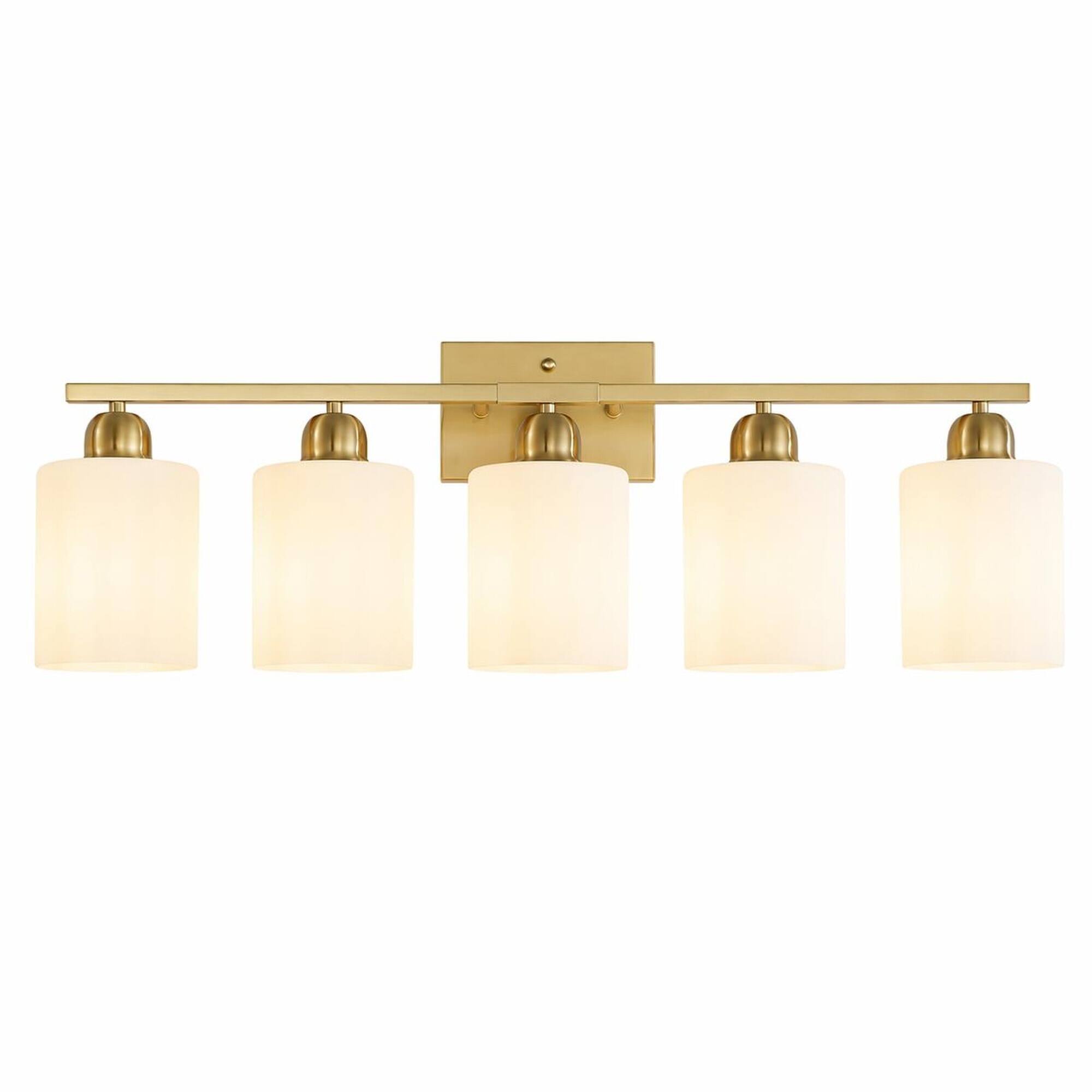 Alt View 3. RYHNUYNE - Gold 5‑Light Bathroom Vanity Light,Modern Wall Sconce with Milky White Frosted Glass Shades - Coppery.