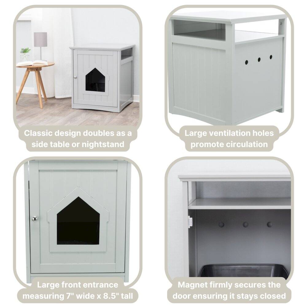 Classic design doubles as a side table or nightstand  
Large ventilation holes promote circulation  
Large front entrance measuring 7" wide x 8.5" tall  
Magnet firmly secures the door ensuring it stays closed