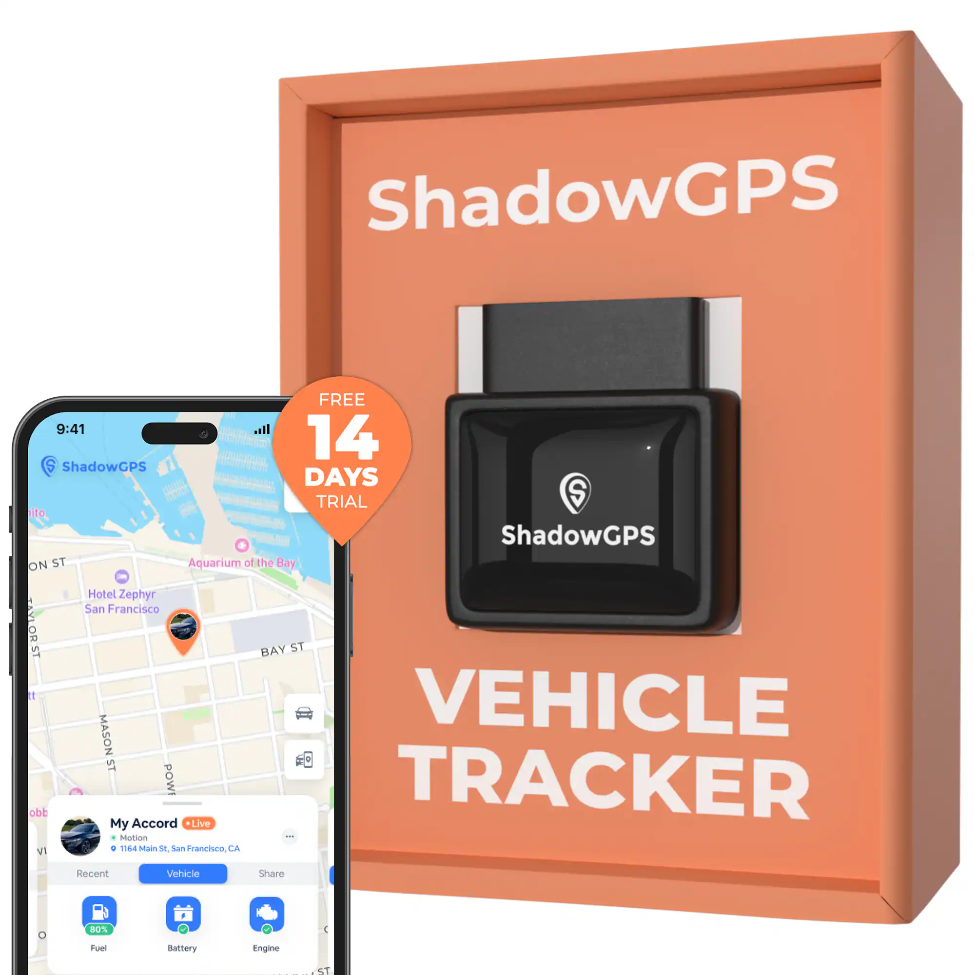 ShadowGPS - GPS Tracker for Vehicles – OBD-II Car Tracker Device with Real-Time Alerts, Trip History & App – Vehicle GPS Tracker - Black