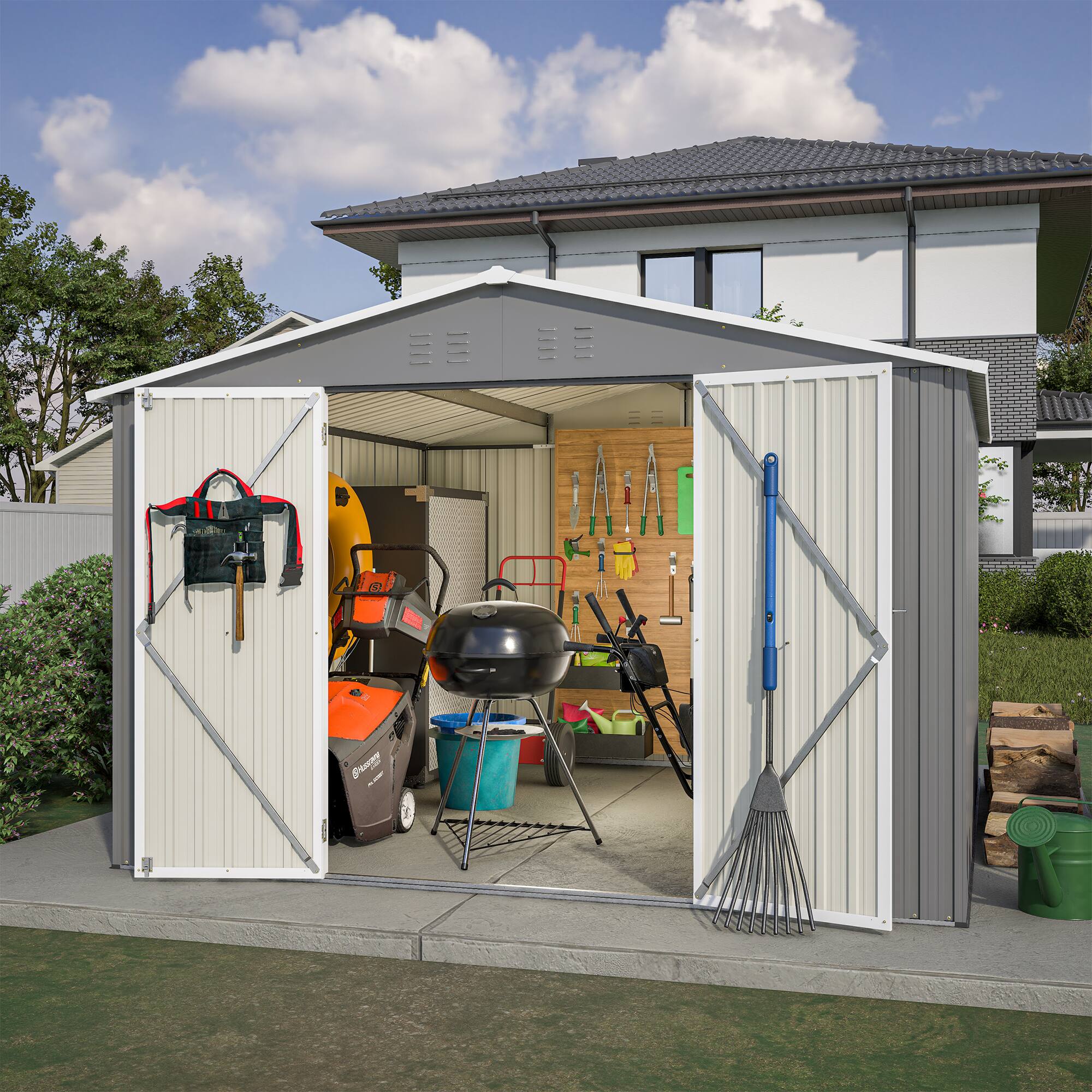 Left. Lirago - 10x10 FT Outdoor Storage Shed All-Weather Metal Shed with Lockable Doors - Gray.