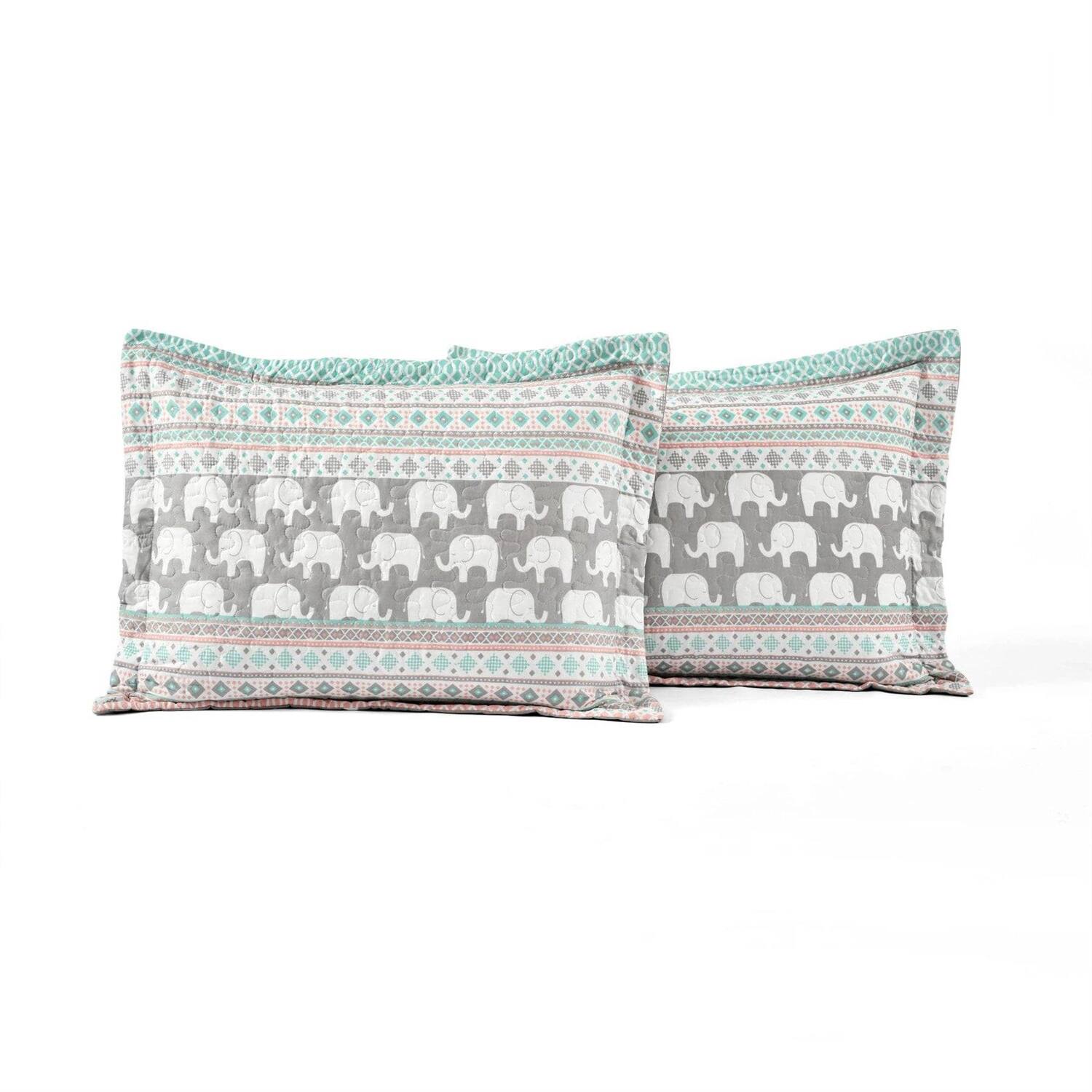 Back. Hivvago - Turquoise Pink Grey Lightweight 6 Piece Elephant Pattern Daybed Cover Quilt Set - Turquoise Pink Grey.