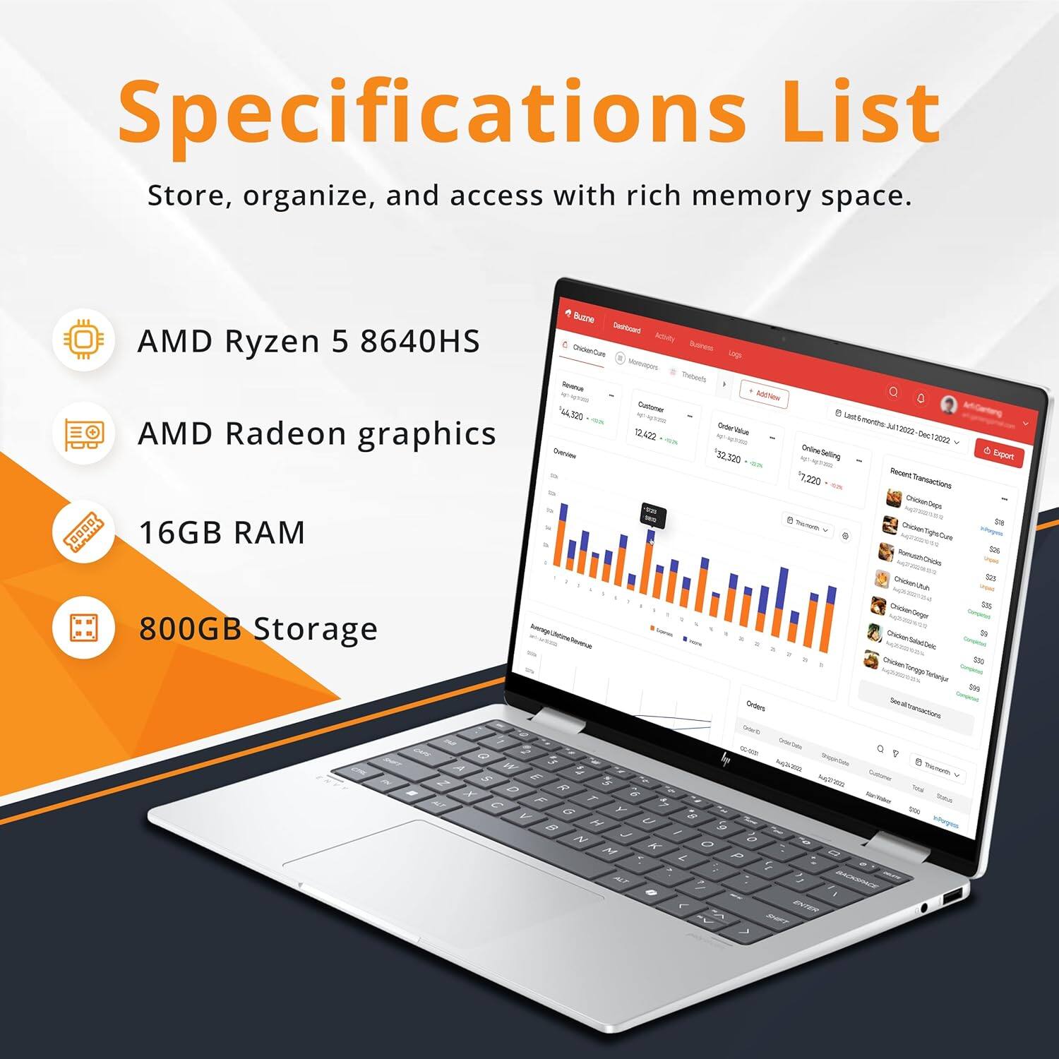 Specifications List
Store, organize, and access with rich memory space.

AMD Ryzen 5 8640HS
AMD Radeon graphics
16GB RAM
800GB Storage