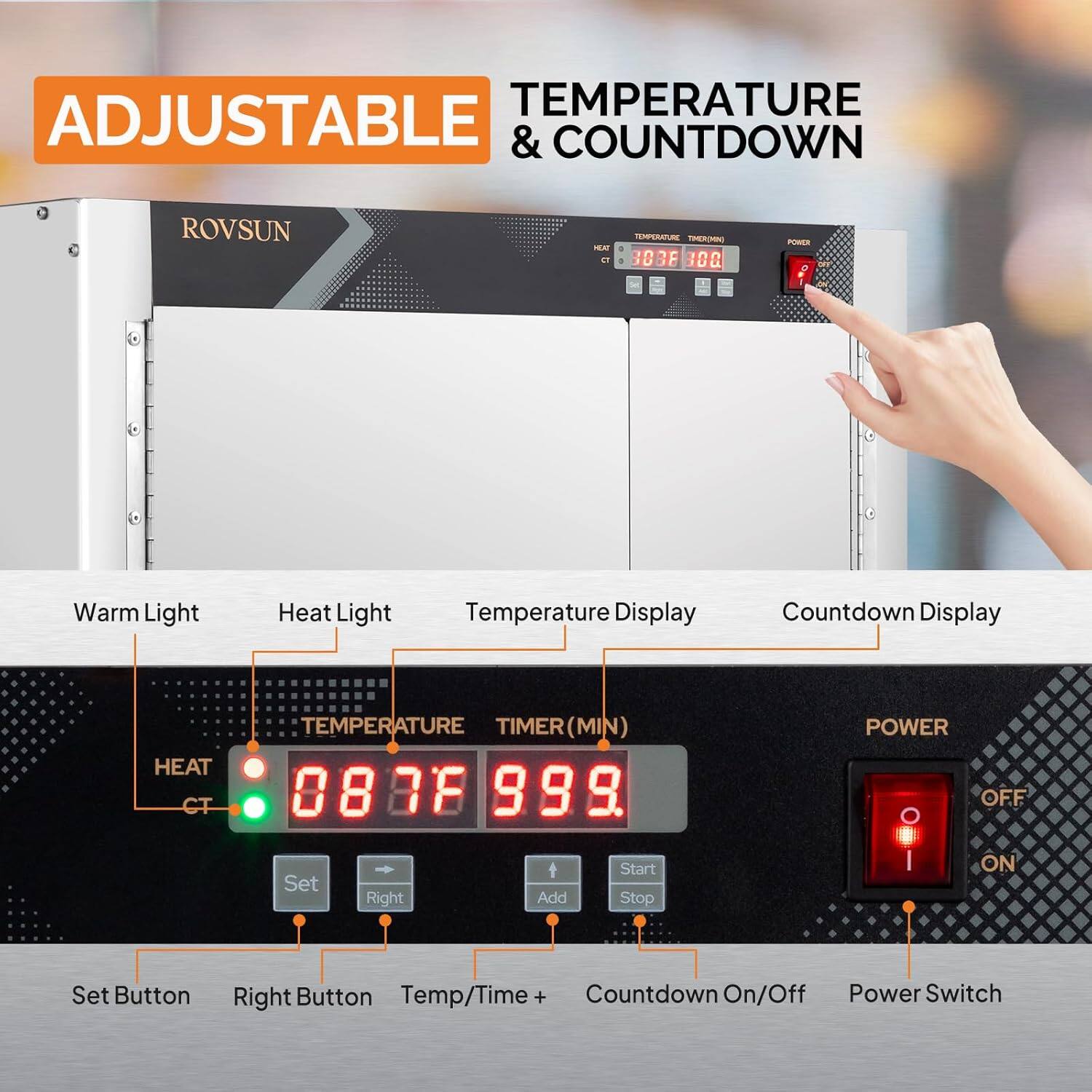 **ROVSUN - CMUE TMO 303E 100 P C**

**Temperature Adjustable & Countdown**

- Warm Light
- Heat Light
- Temperature Display
- Countdown Display

**HEAT CT TEMPERATURE TIMER (MIN)**

- 08 7F 999 9

**Buttons:**
- Start
- Set
- Right
- Add
- Stop

**Power Switch:**
- POWER OFF
- I ON

**Countdown On/Off**
