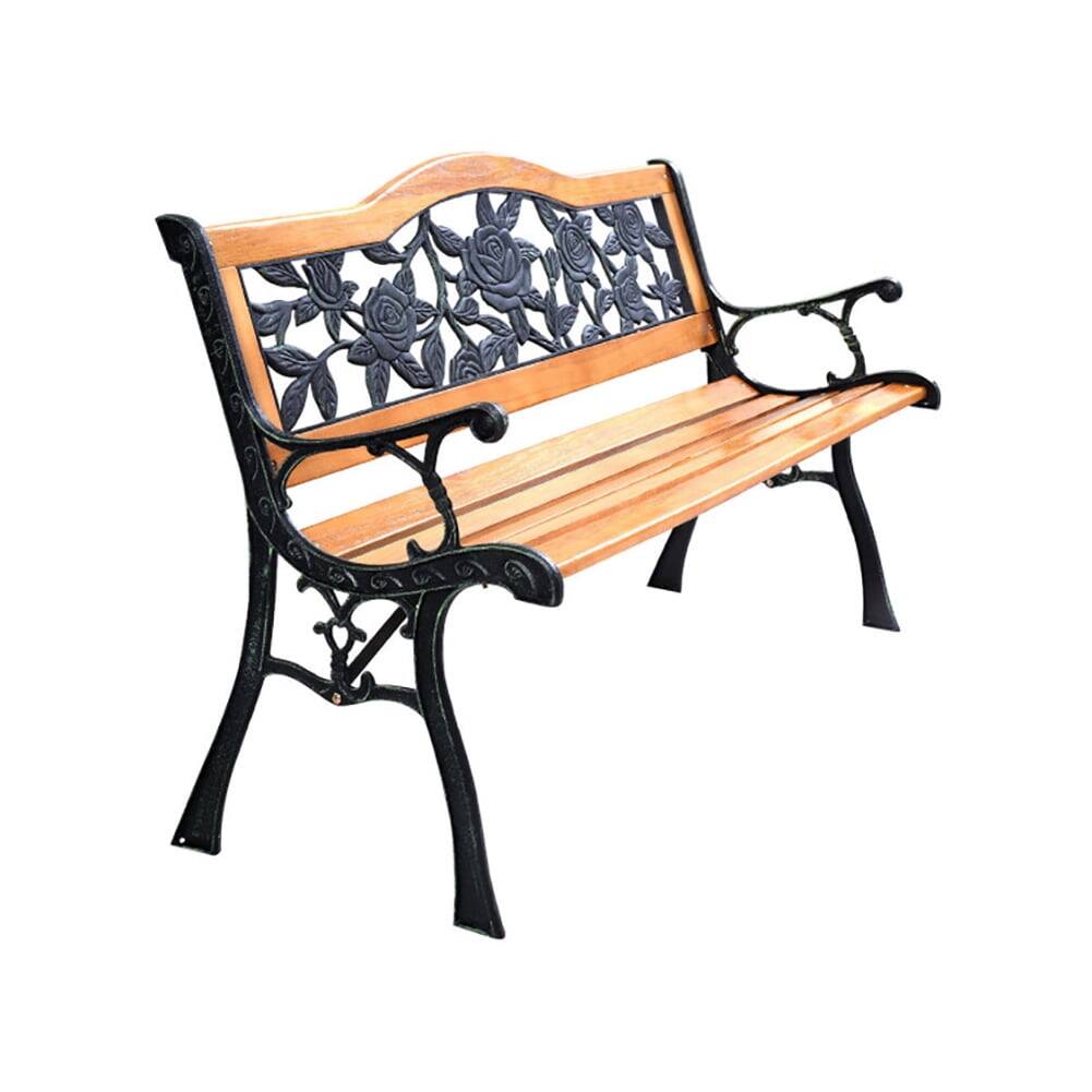 Alt View 5. Pefilos - Garden Bench Chair Outdoor Wooden Loveseat with Iron Armrest, Solid Wood Outdoor Bench for Park, Porch - Brown.