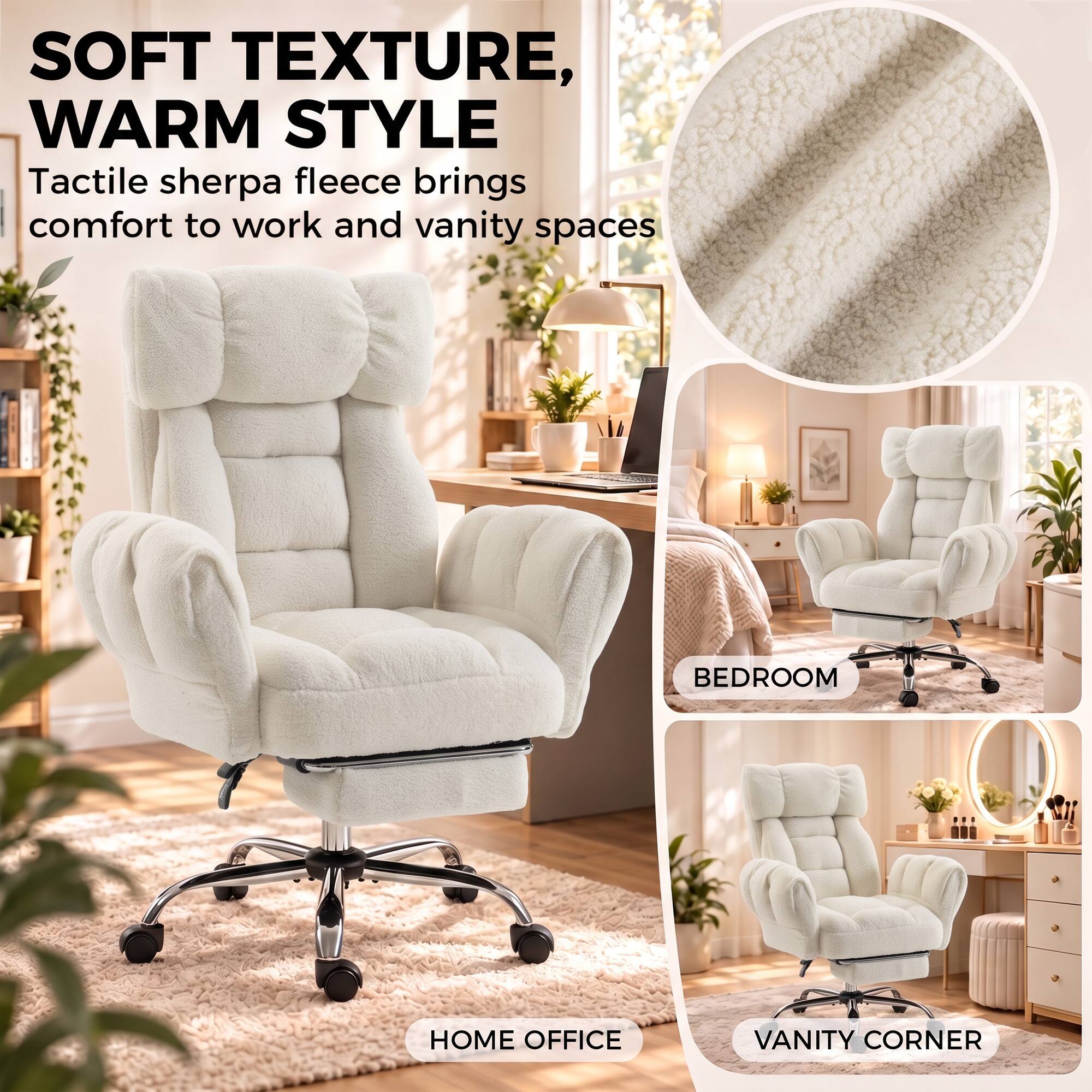SOFT TEXTURE, WARM STYLE  
Tactile sherpa fleece brings comfort to work and vanity spaces

BEDROOM  
HOME OFFICE  
VANITY CORNER