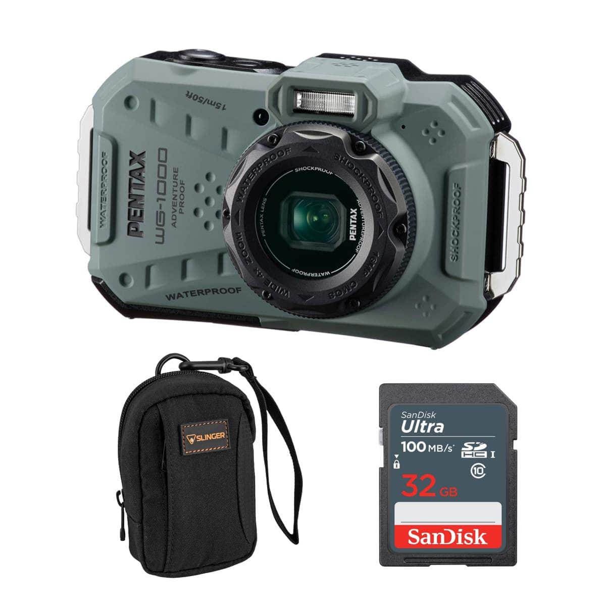 Bundle - Pentax WG-1000 All-Weather Camera - Olive, Included Value
