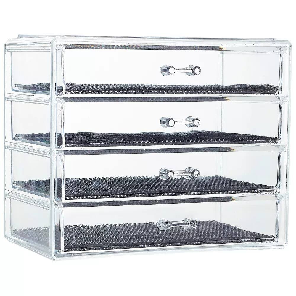 Left. Elle - Acrylic Makeup and Jewelry Organizer, 4 Drawers, Clear Accessory Organizer with Dustproof Drawers - Clear.