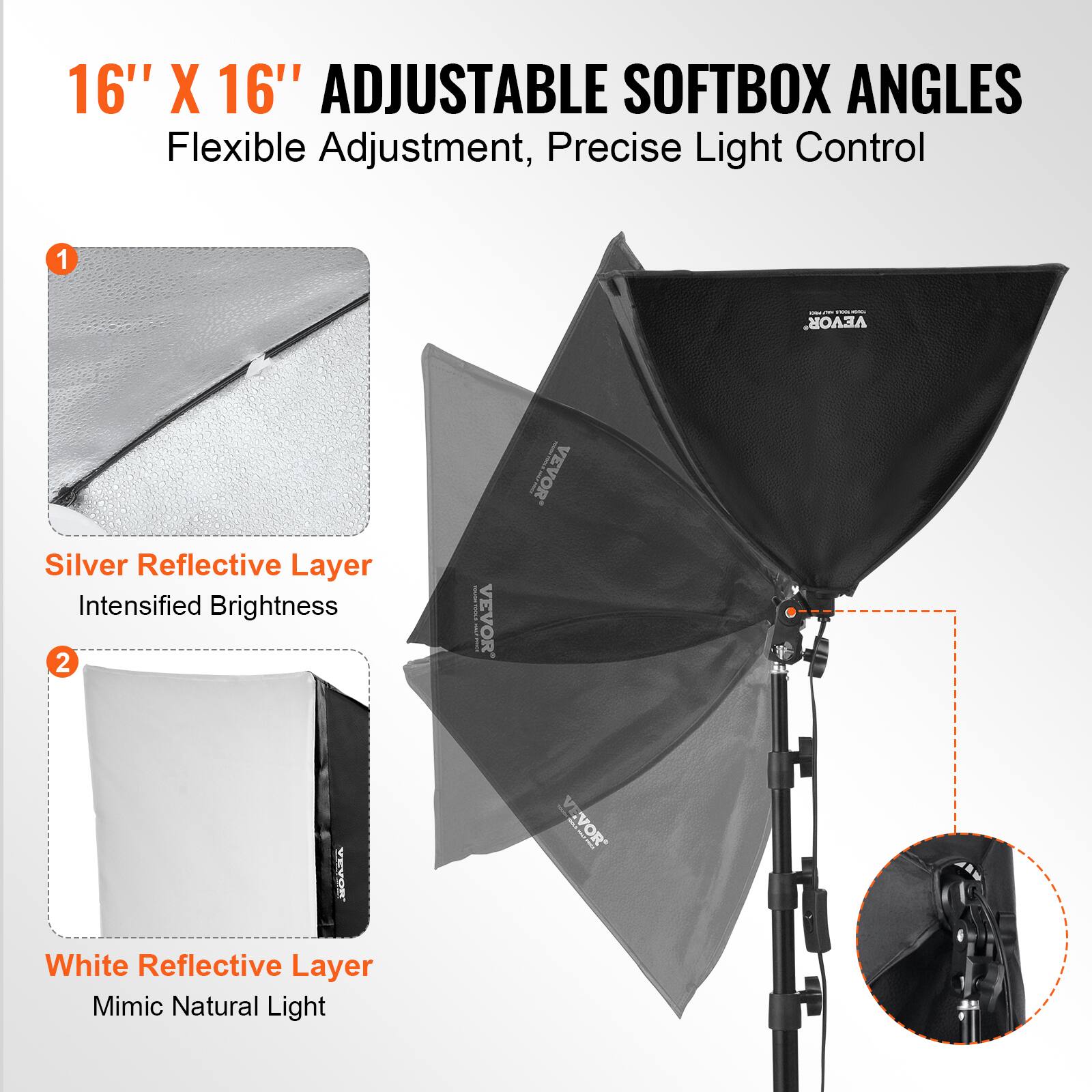 16" X 16" ADJUSTABLE SOFTBOX ANGLES  
Flexible Adjustment, Precise Light Control  

1. Silver Reflective Layer  
   Intensified Brightness  

2. White Reflective Layer  
   Mimic Natural Light