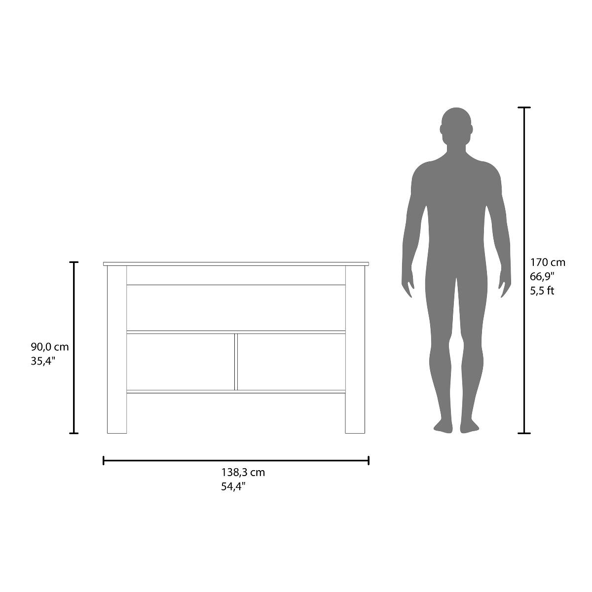 170 cm 66,9" 5,5ft  
90,0 cm 35,4"  
138,3 cm 54,4"